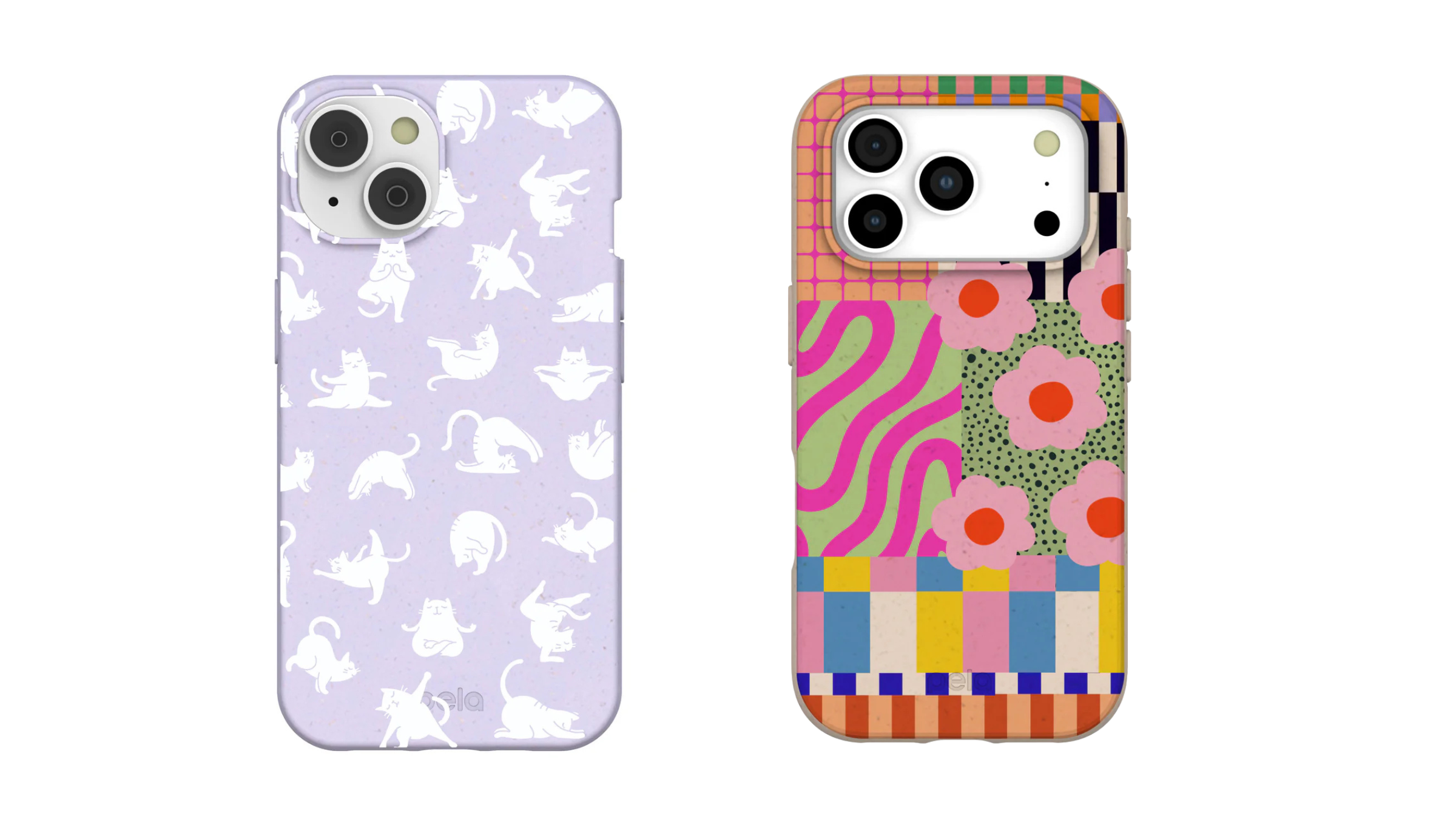 two colorful plant-based phone cases side by side from Pela on white background, best yoga gifts