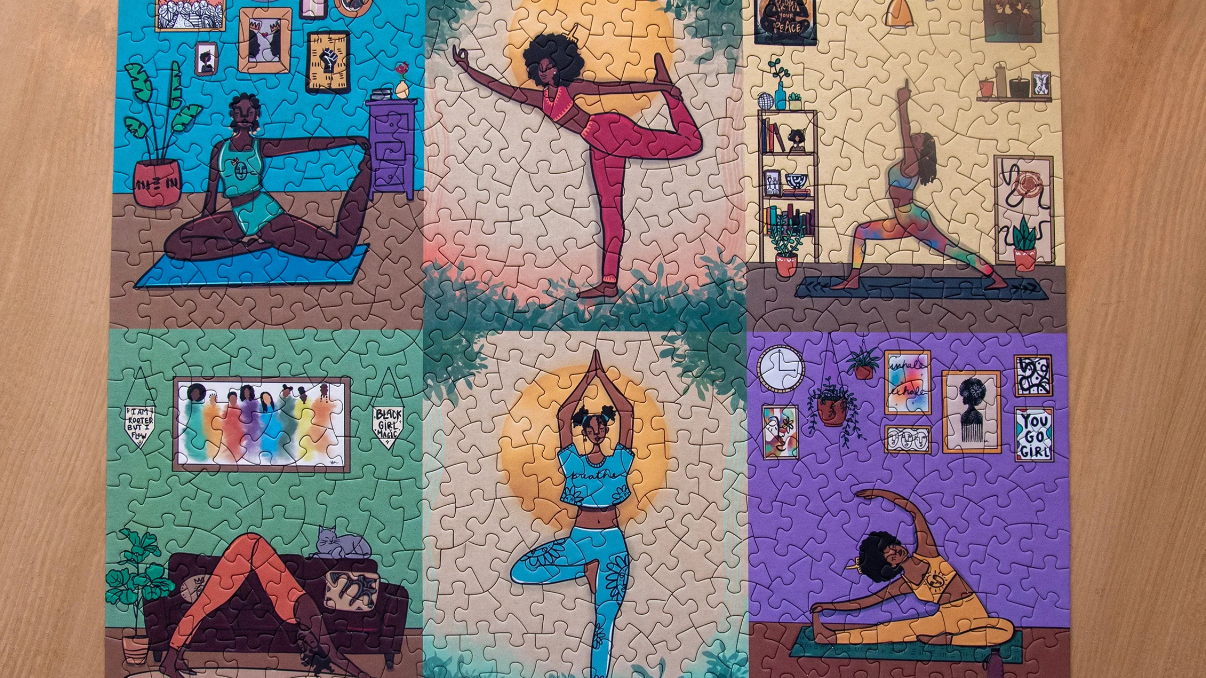 completed colorful yoga poses puzzle on wooden background, best yoga gifts