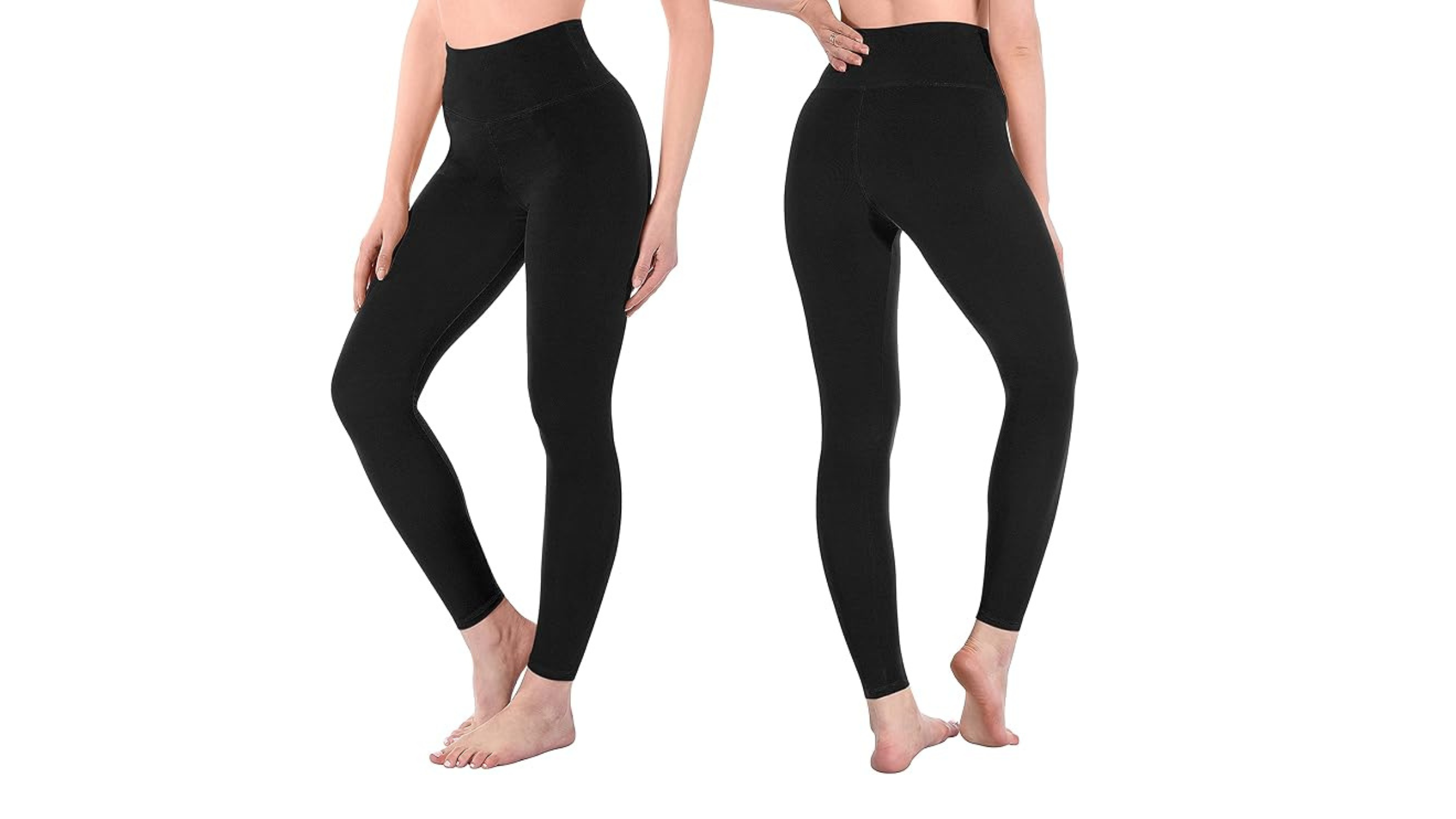 woman standing in black high-waisted lightweight leggings side by side with white background