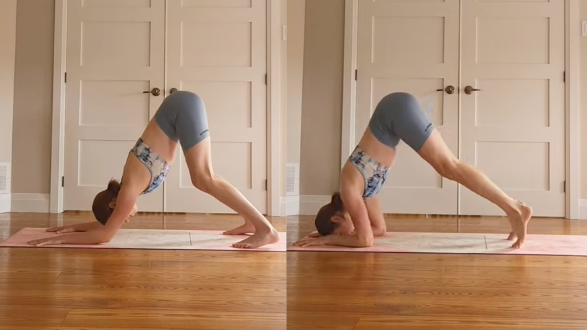 Yoga With Kassandra practicing moving forward from Dolphin Pose to tap her forehead to the mat