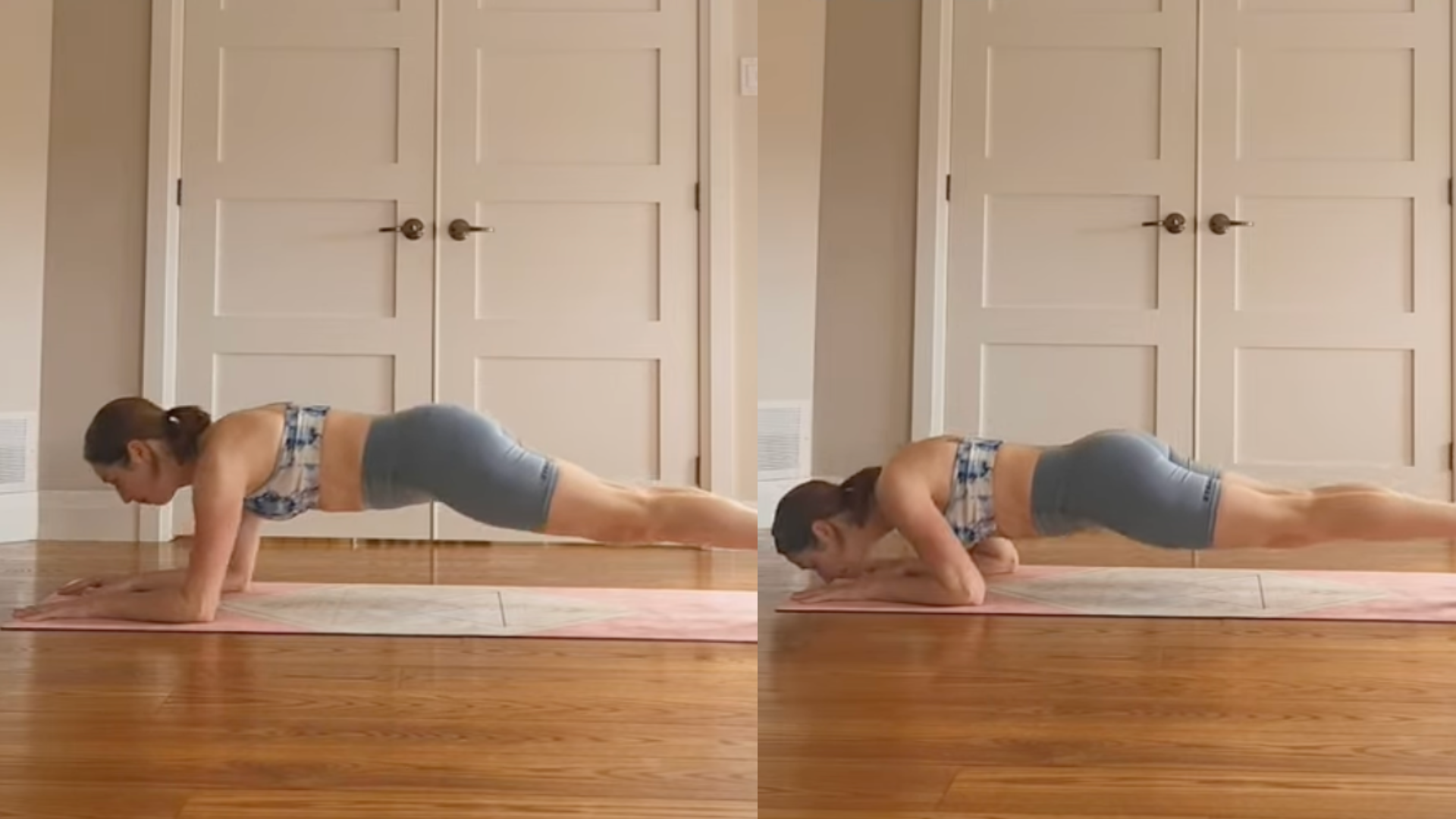 Yoga With Kassandra practicing shoulder-strengthening exercises at home on a yoga mat