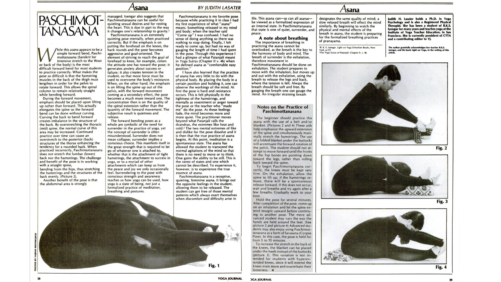Black and white pages from a 1981 issue of Yoga Journal explaining how to do Paschimottanasa