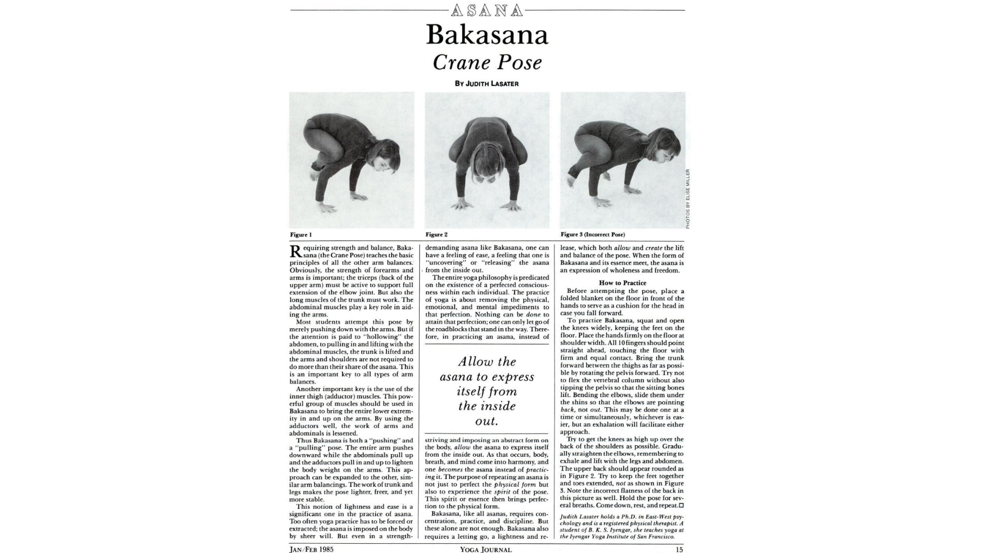 Printed black and white page from an old issue of Yoga Journal featuring an article by Judith Hanson Lasater about coming into Bakasana Pose