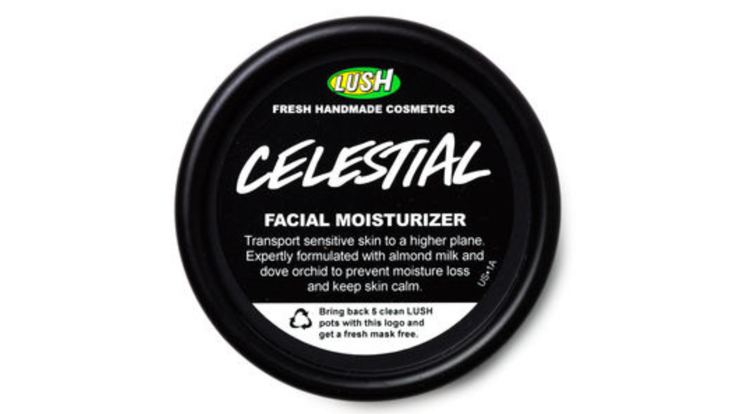 black round lid of Celestial moisturizer on white background