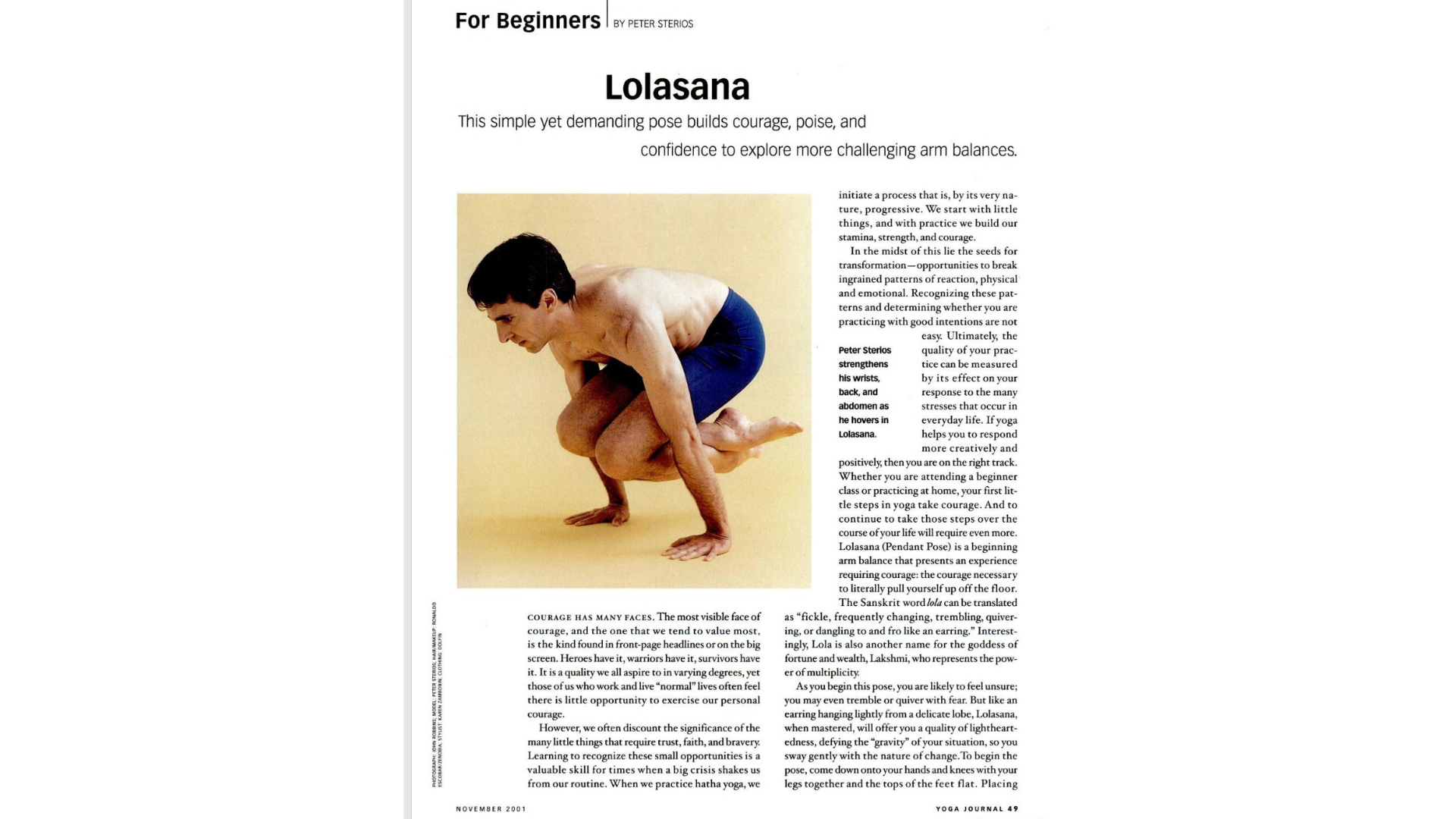 Yoga teacher Peter Sterios practicing Lolasana yoga pose in a photo on a page of Yoga Journal from November 2001