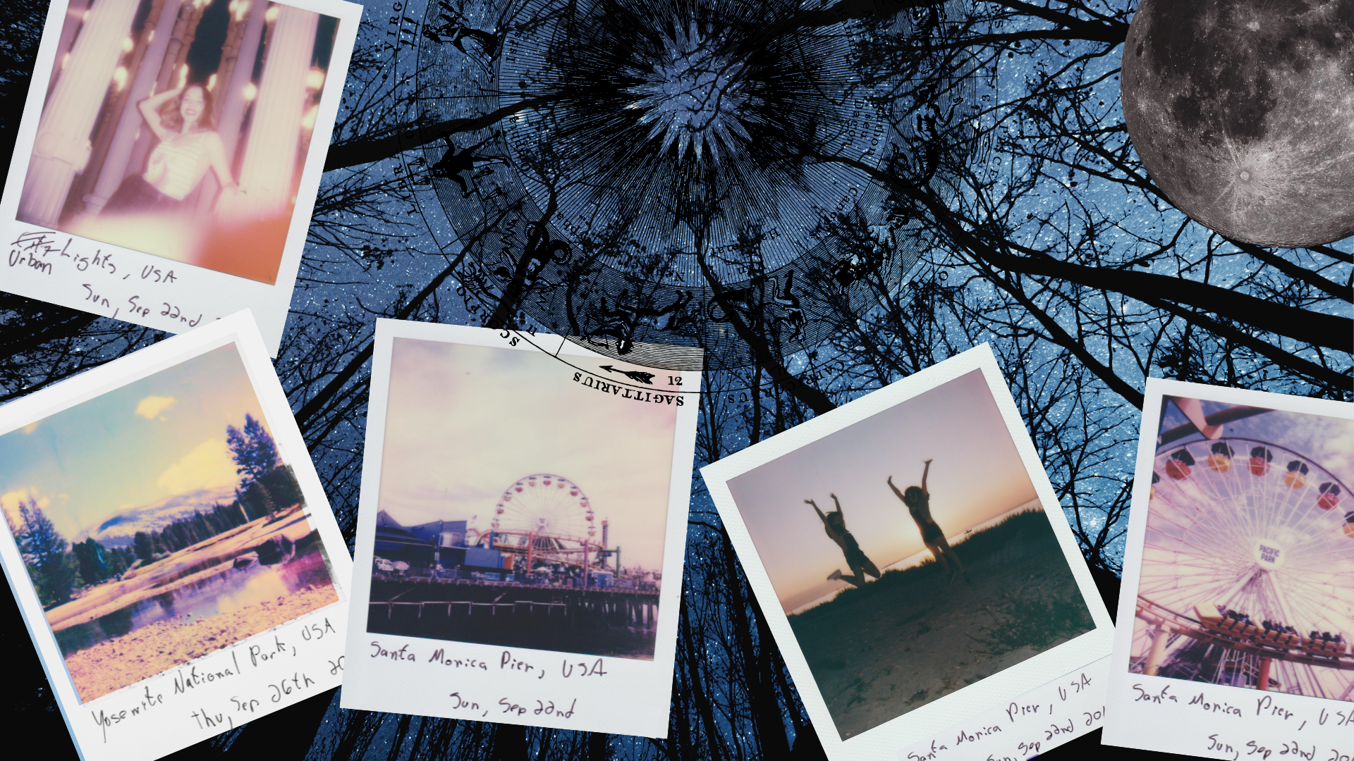 Collage of polaroid images on a backdrop of a winter night during the new Moon in Sagittarius December 2025