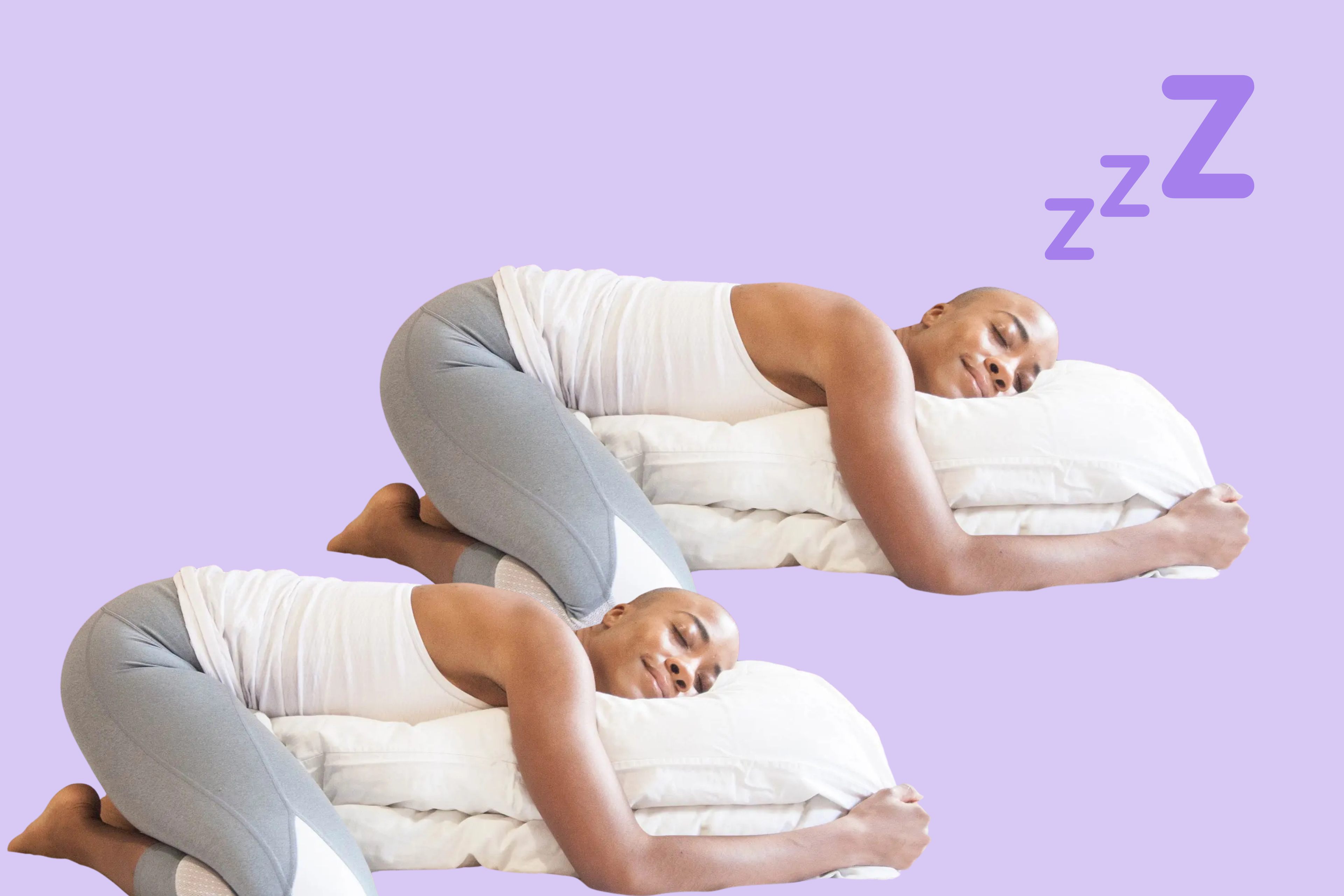 A woman practicing Child's Pose with pillows