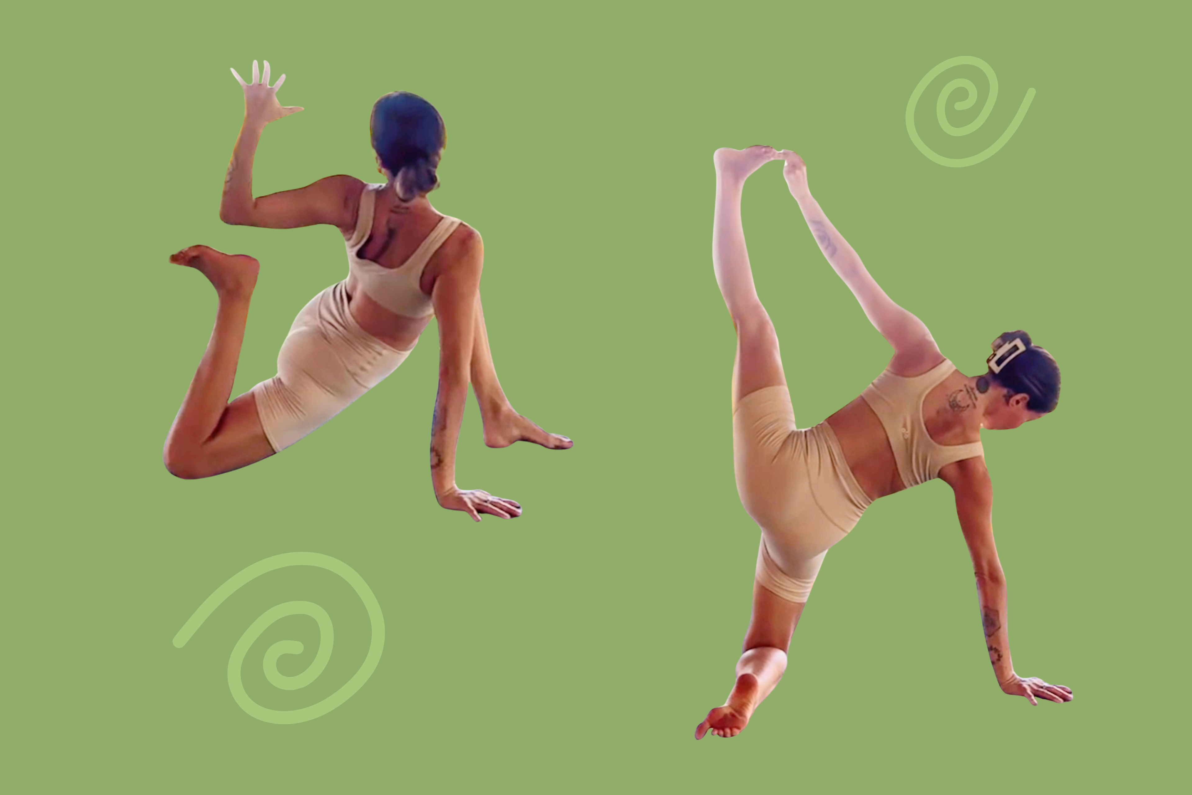 A woman practicing creative yoga