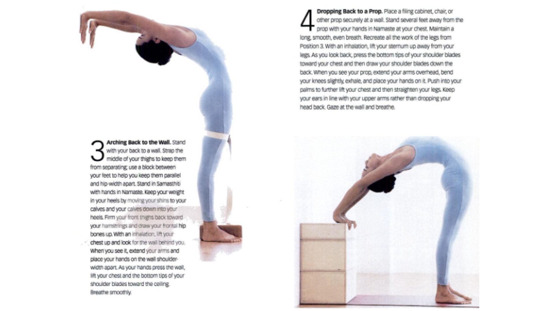 Two images side by side of a woman practicing backbending in preparation for Wheel Pose.