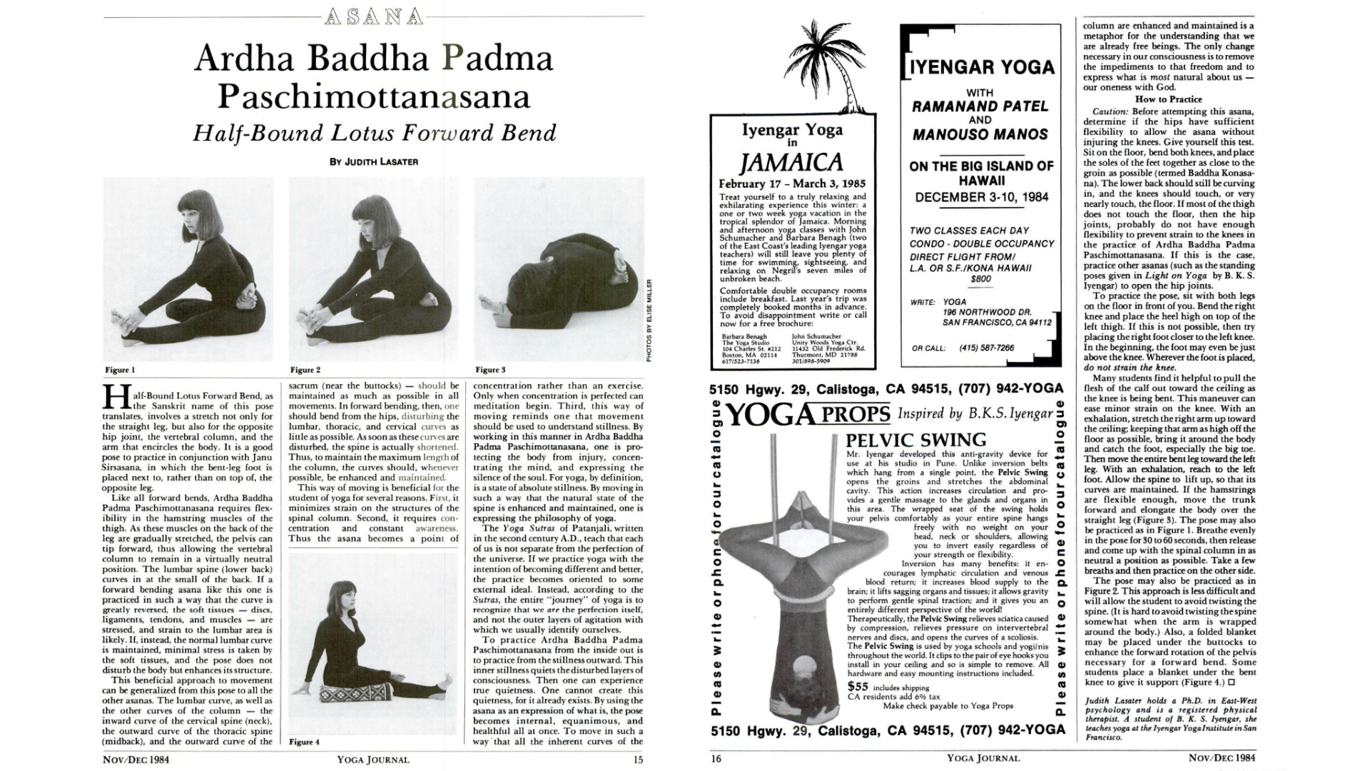 Black-and-white article from a 1984 print magazine of Yoga Journal about Ardha Baddha Padma Paschimottanasana