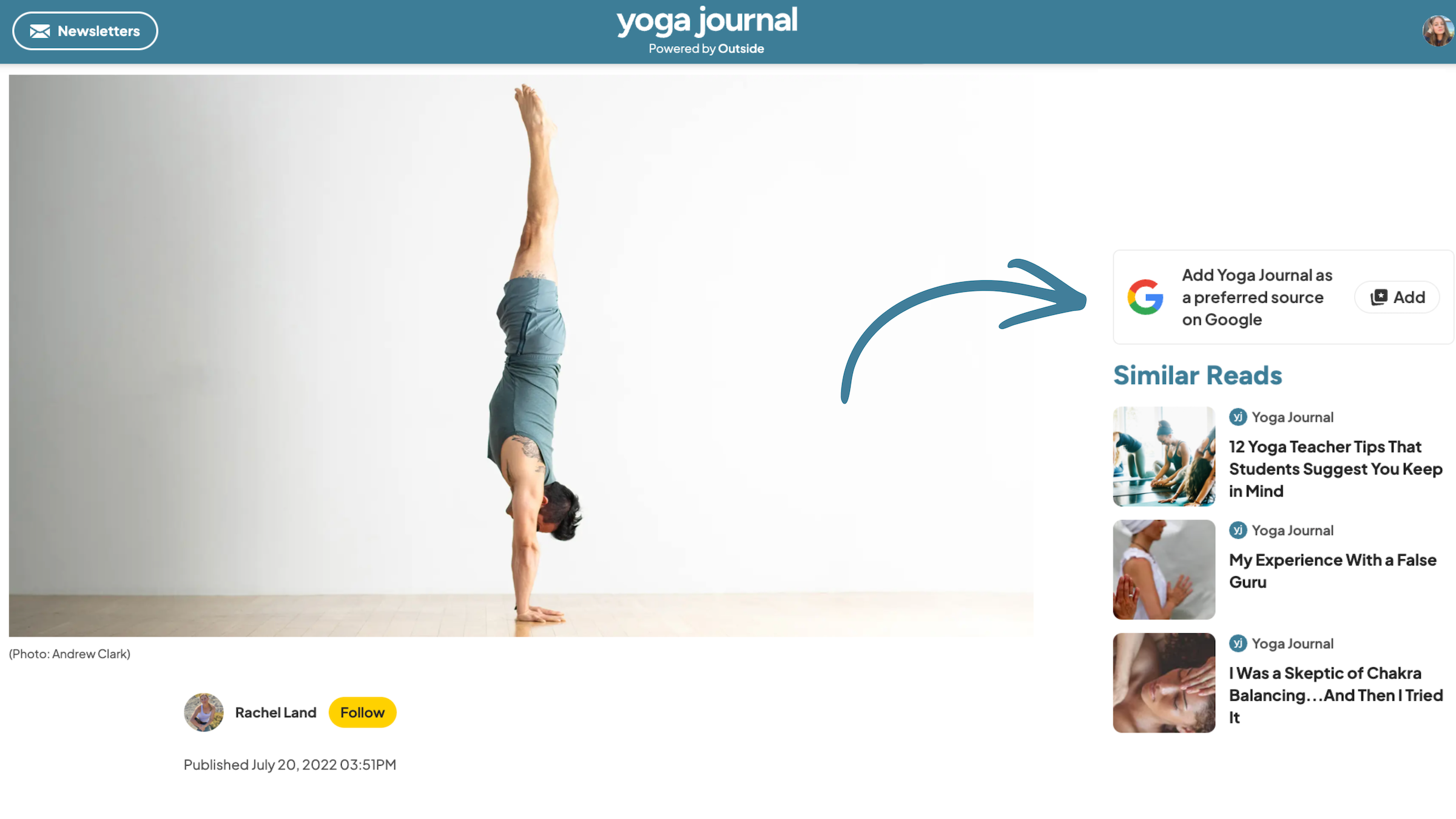 Screenshot of the Yoga Journal homepage with the Google preferences checked