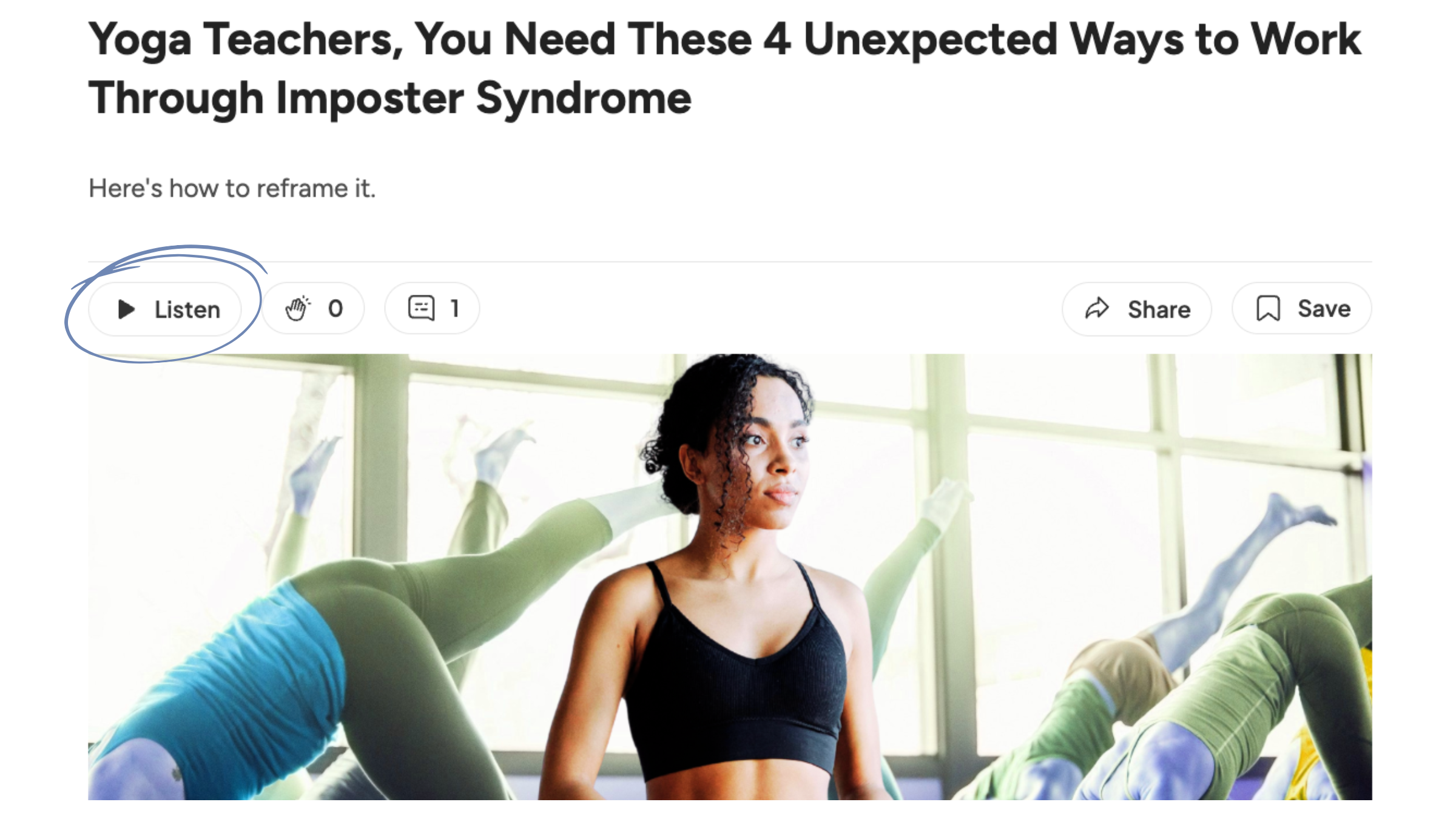 A Yoga Journal story with the text-to-speech button circled