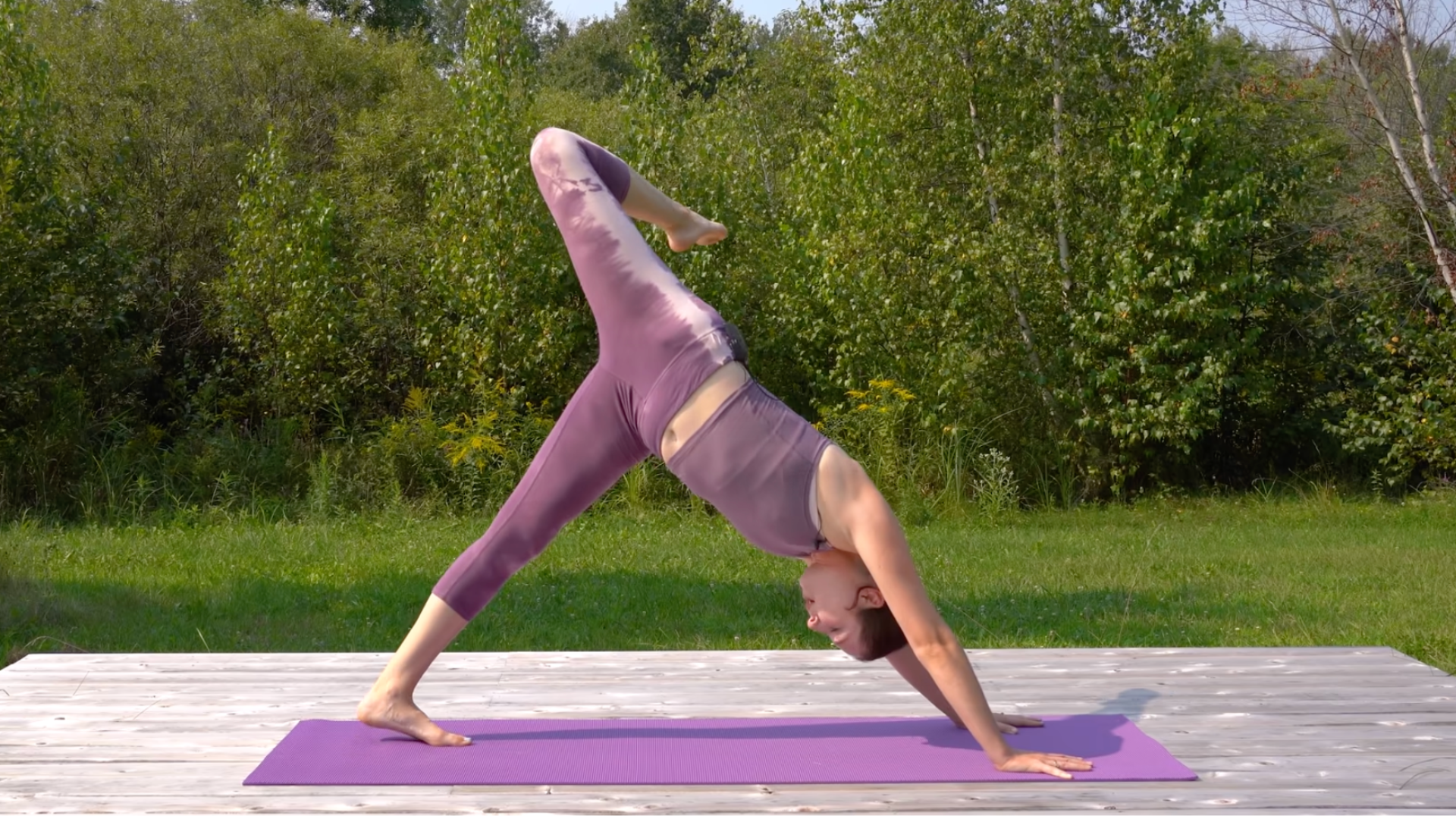 Yoga teacher in a variation of Downward-Facing Dog with her right knee bent behind her called Three-Legged Dog