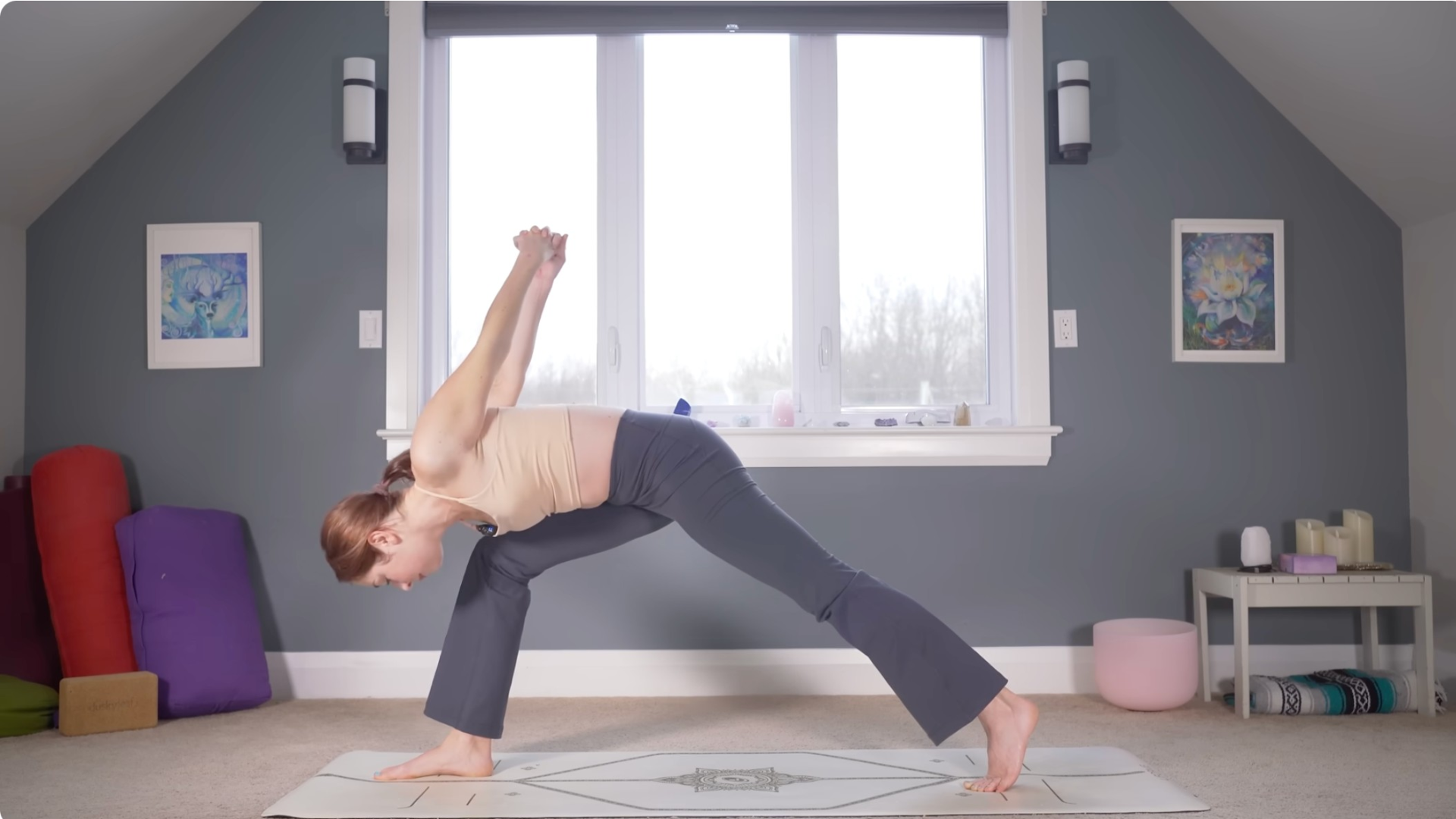 Woman leaning forward in Humble Warrior variation of High Lunge practicing yoga for strength