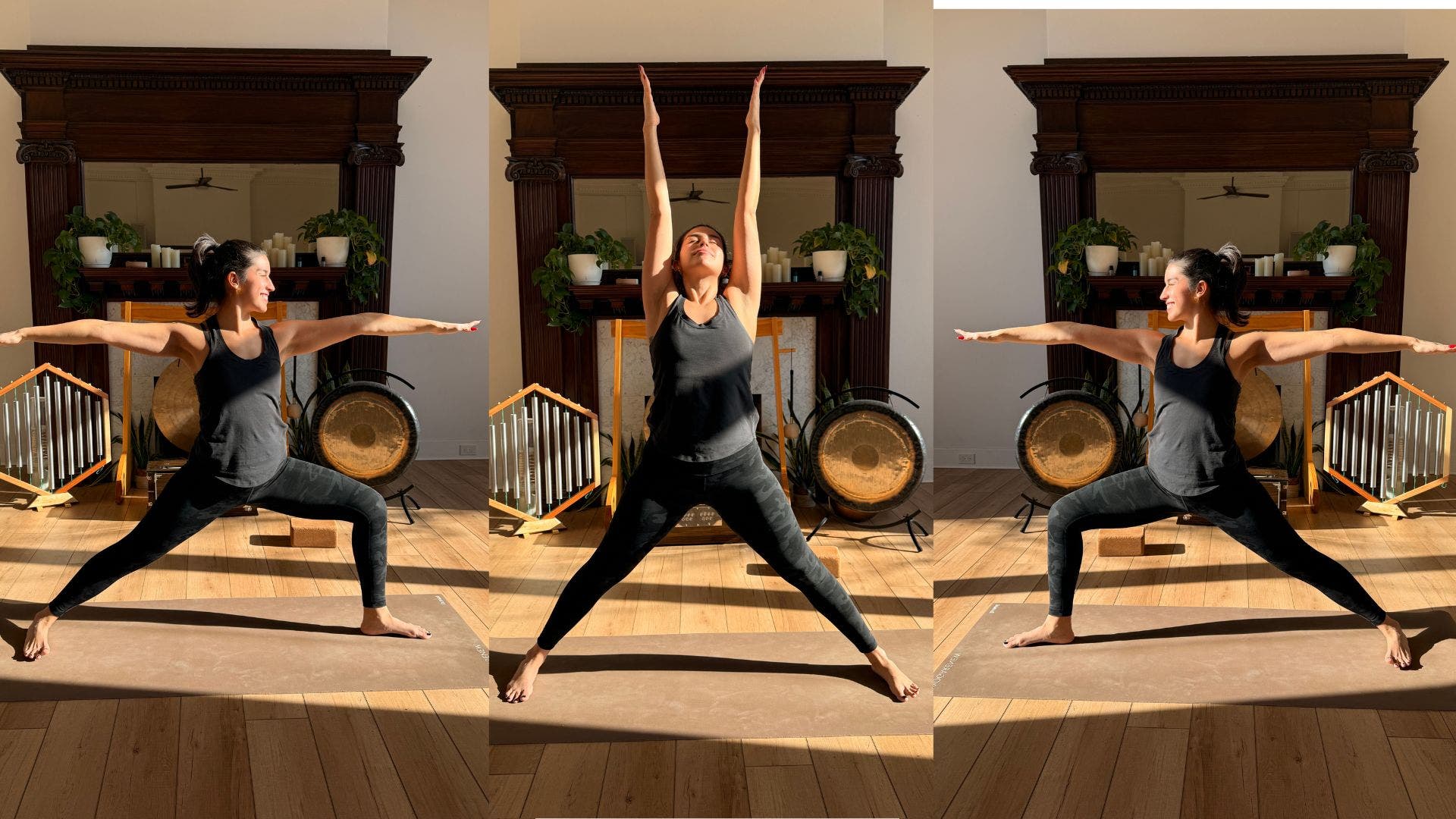 Yoga instructor practicing Warrior 2 and Upward Salute.