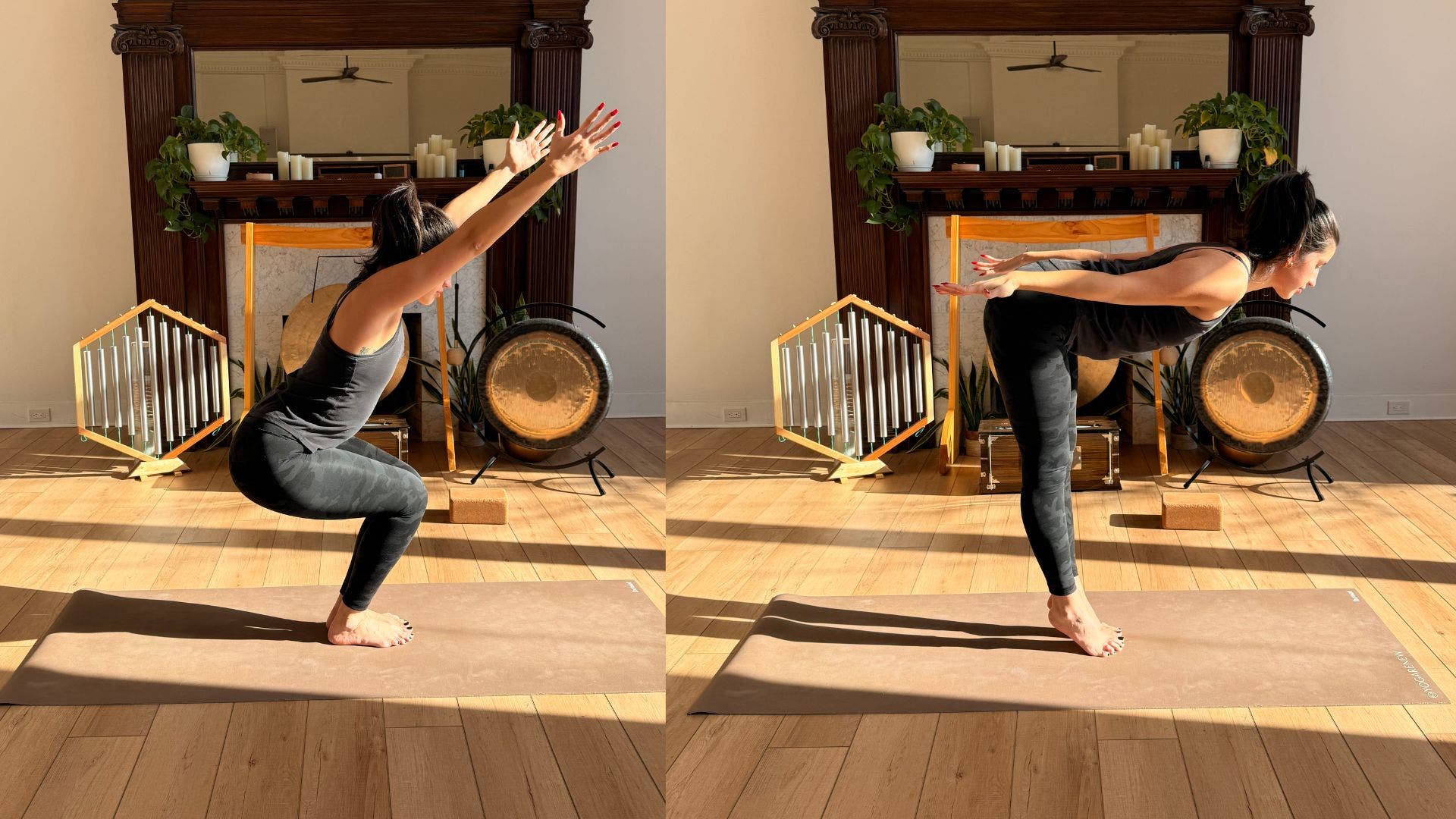 Yoga instructor practicing Chair Pose variation.