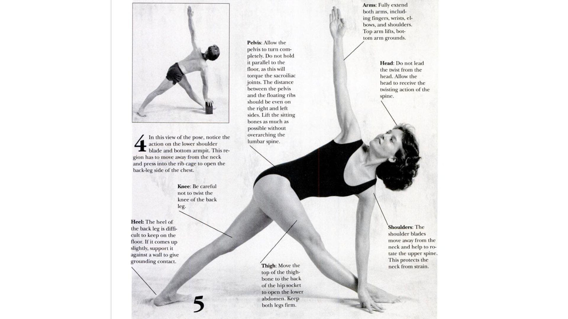 Woman practicing revolved triangle pose.