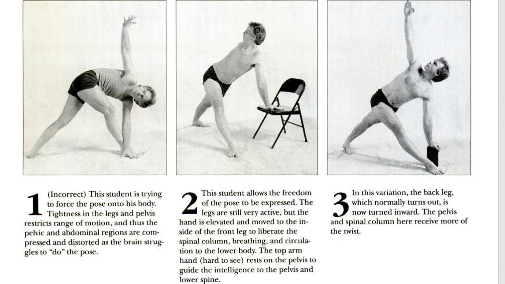 Image of man practicing Revolved Triangle Pose with tips on dos and don'ts.