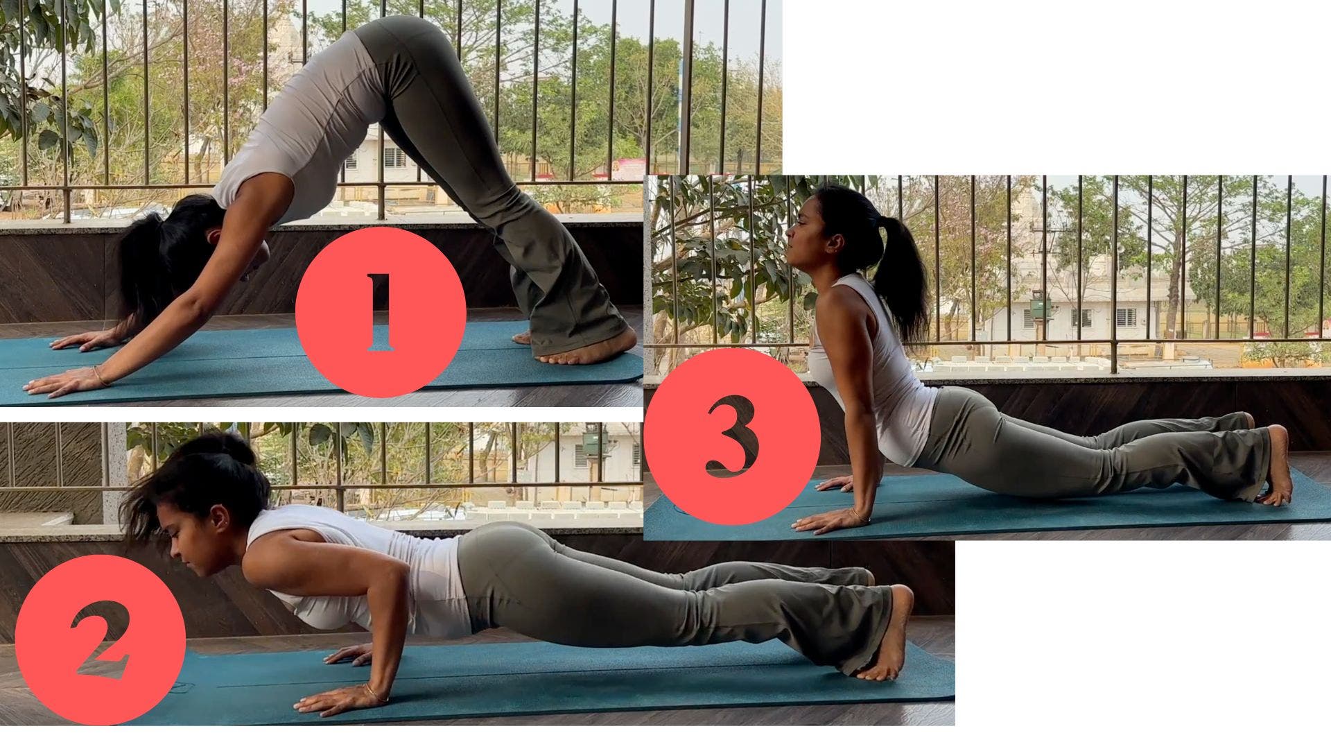 Person practicing Chaturanga, Downward Dog, and Upward Dog