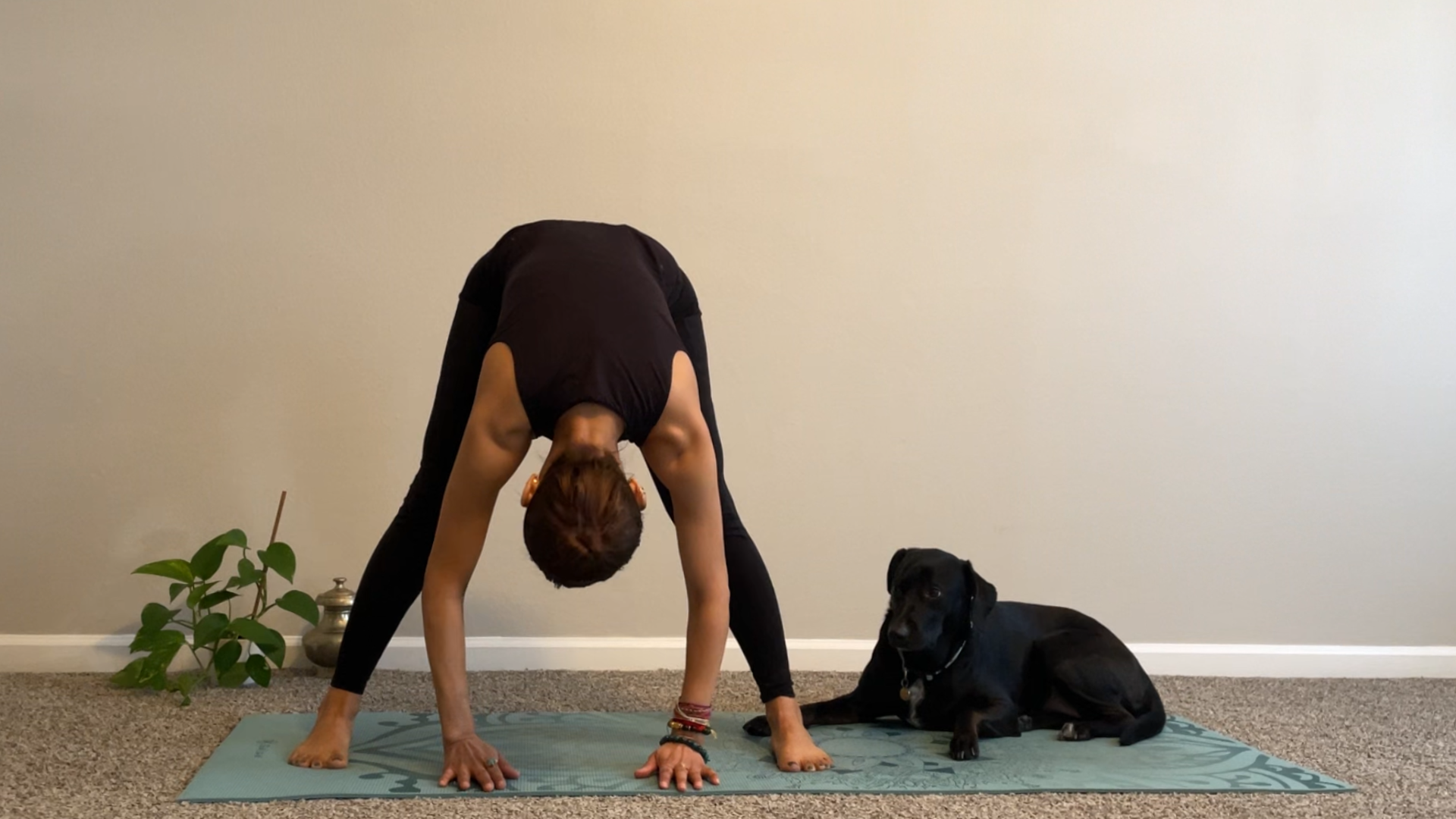 Woman standing on a mat and leaning forward in Prasarita Padottanasana