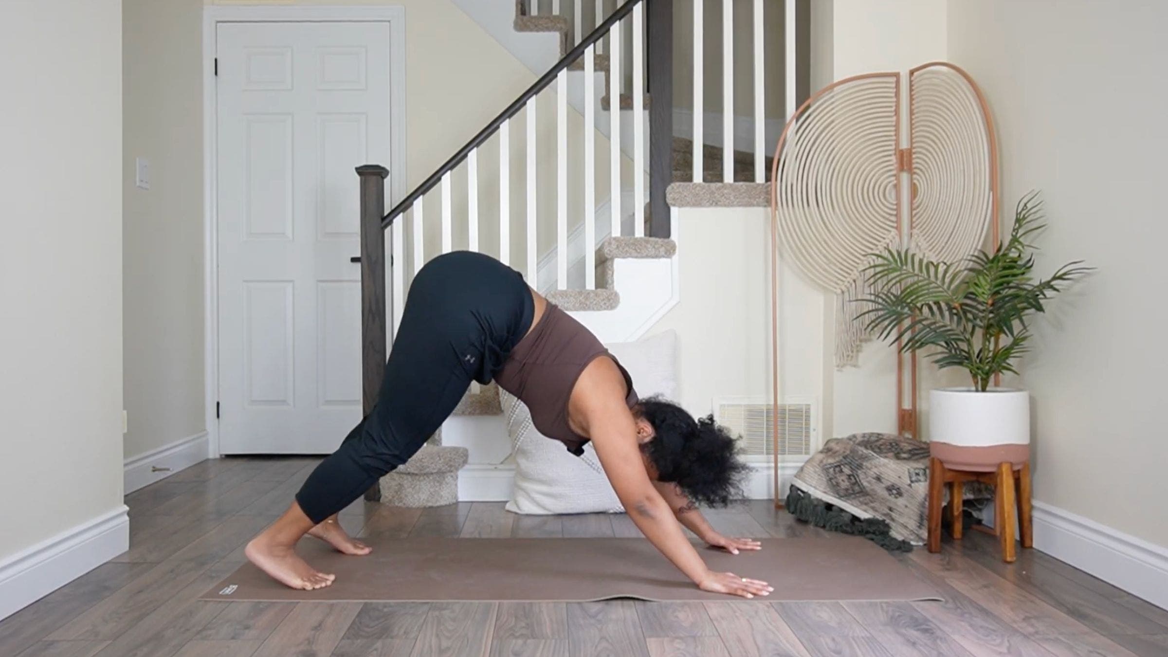 Yoga teacher practicing Down Dog.