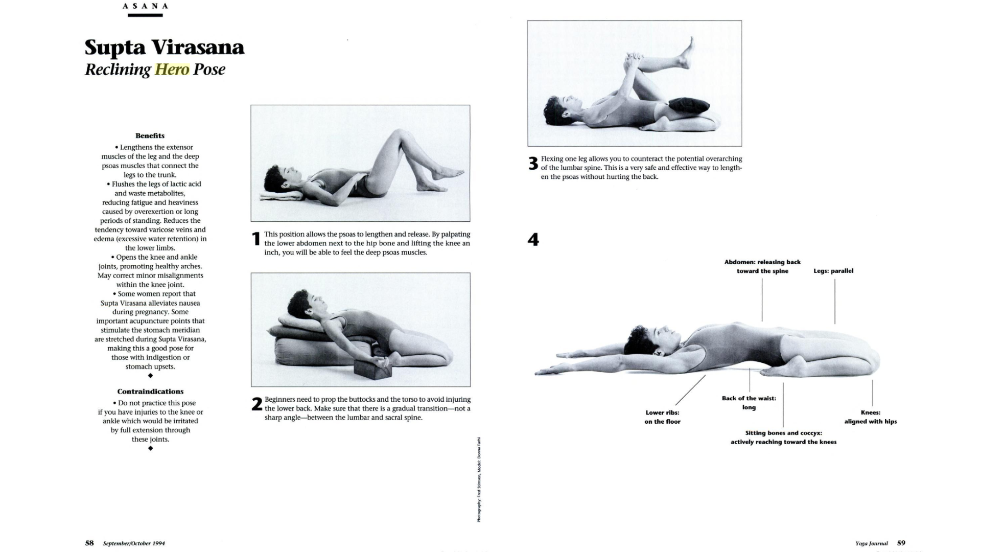 Black and white images from a spread of a print issue of Yoga Journal from the 1990s relating to reclining hero pose and supta virasana