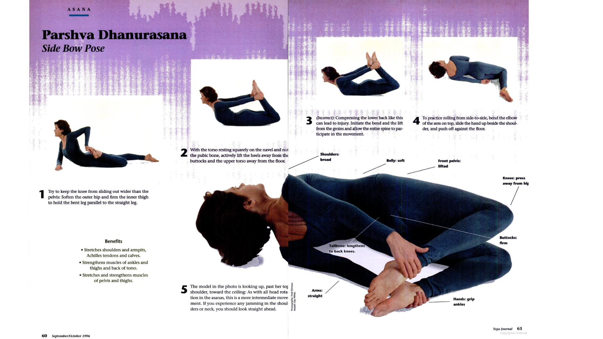 Woman lying on her side with her hands reaching behind her for her ankles