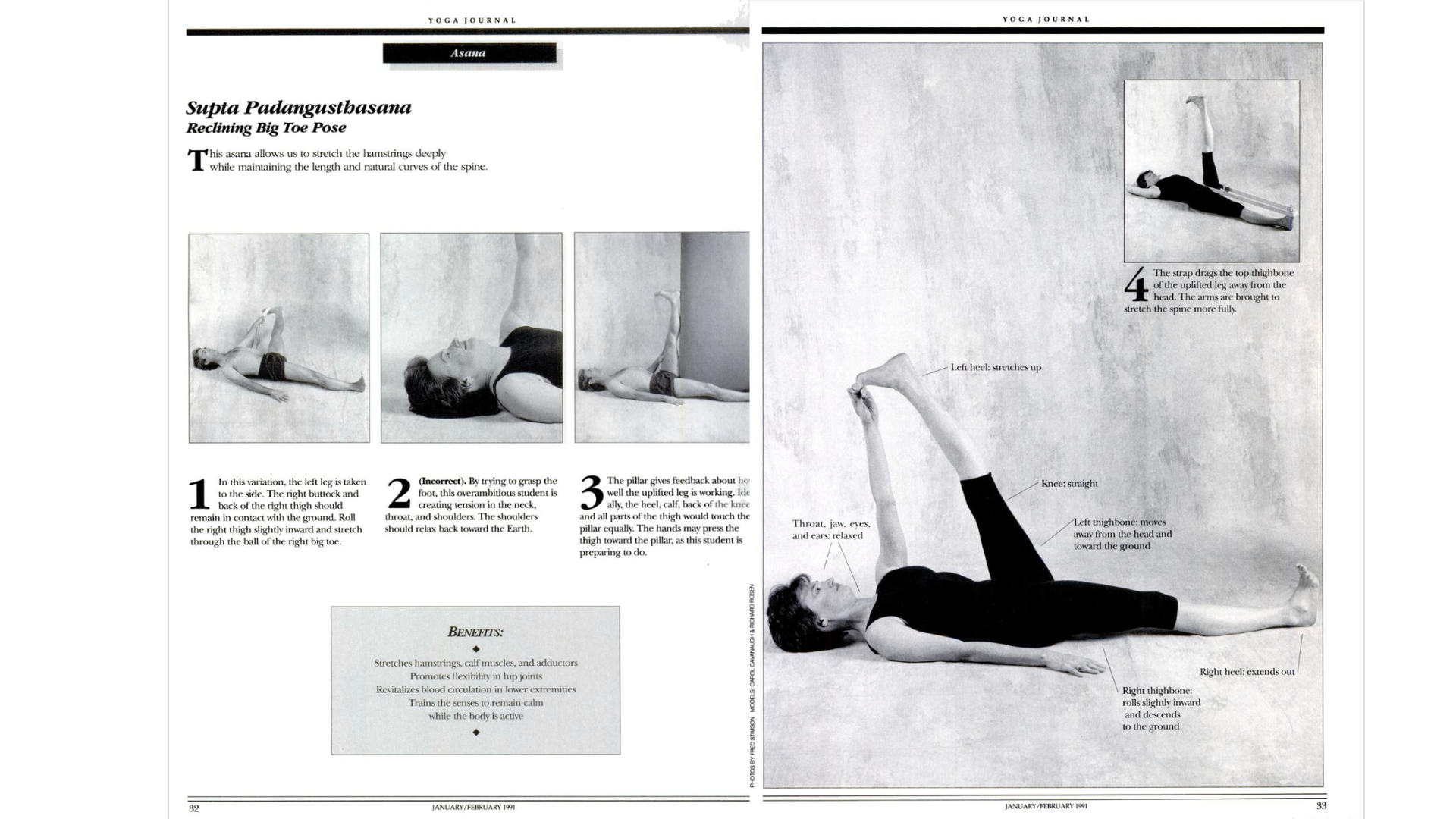 Black and white pages from an older issue of Yoga Journal with the theme of Supta Padangusthasana or Reclining Hand to Big Toe Pose