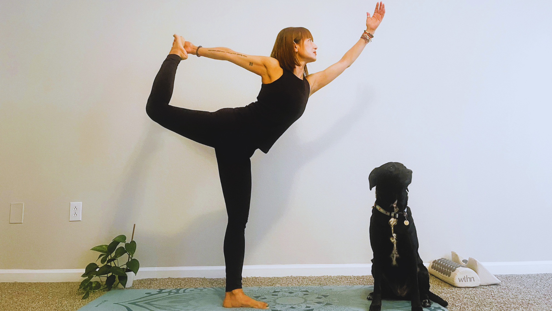 Woman standing alongside her dog on a yoga mat while practicing the balancing pose known as Dancer