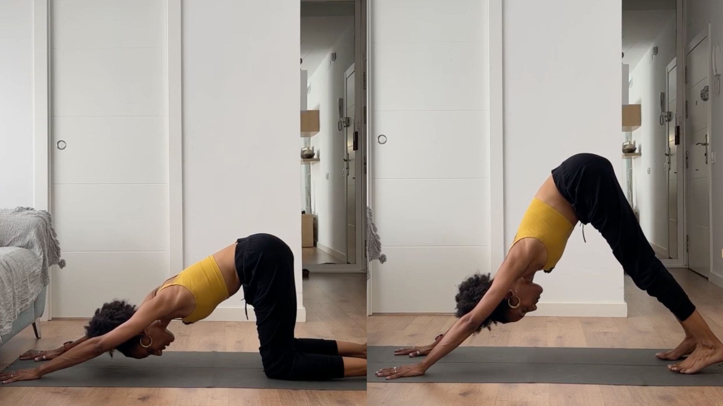 Woman practicing Puppy Pose and Downward Facing Dog.