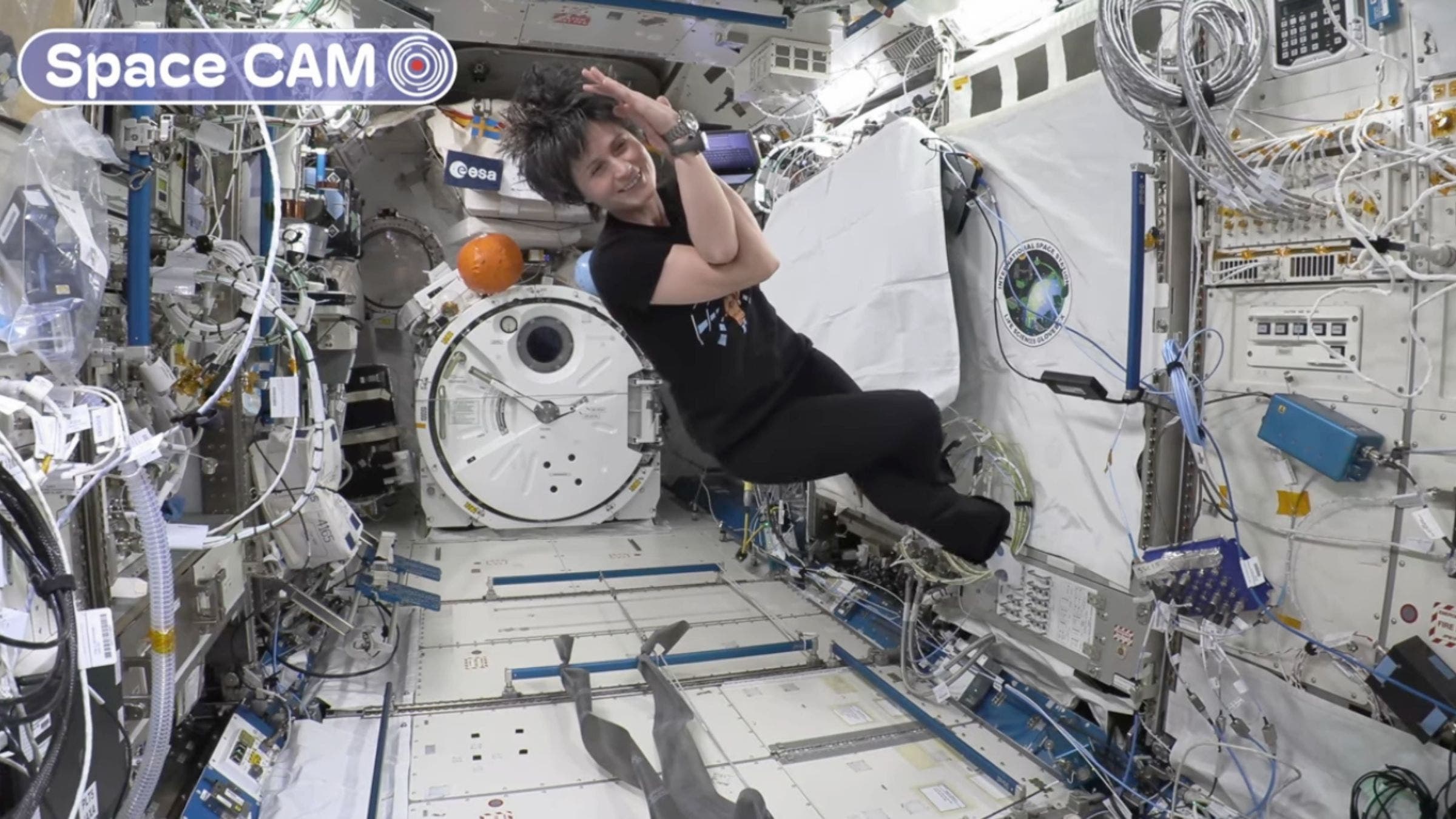 ESA astronaut Samantha Cristoforetti practicing Eagle Pose in space.