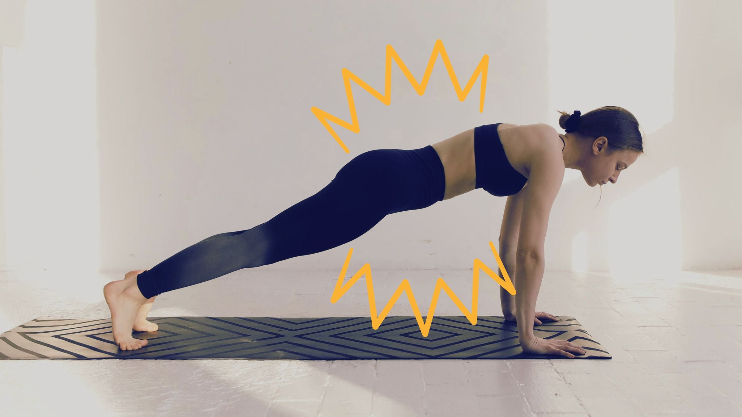 Woman practicing Plank with zig zag lines around her core, indicating shaking in yoga.