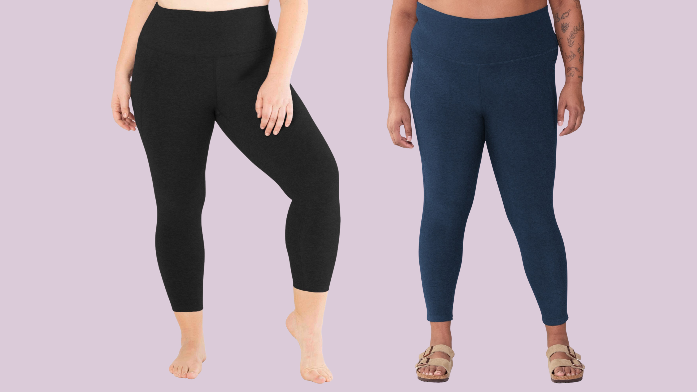 Two people wearing midi leggings