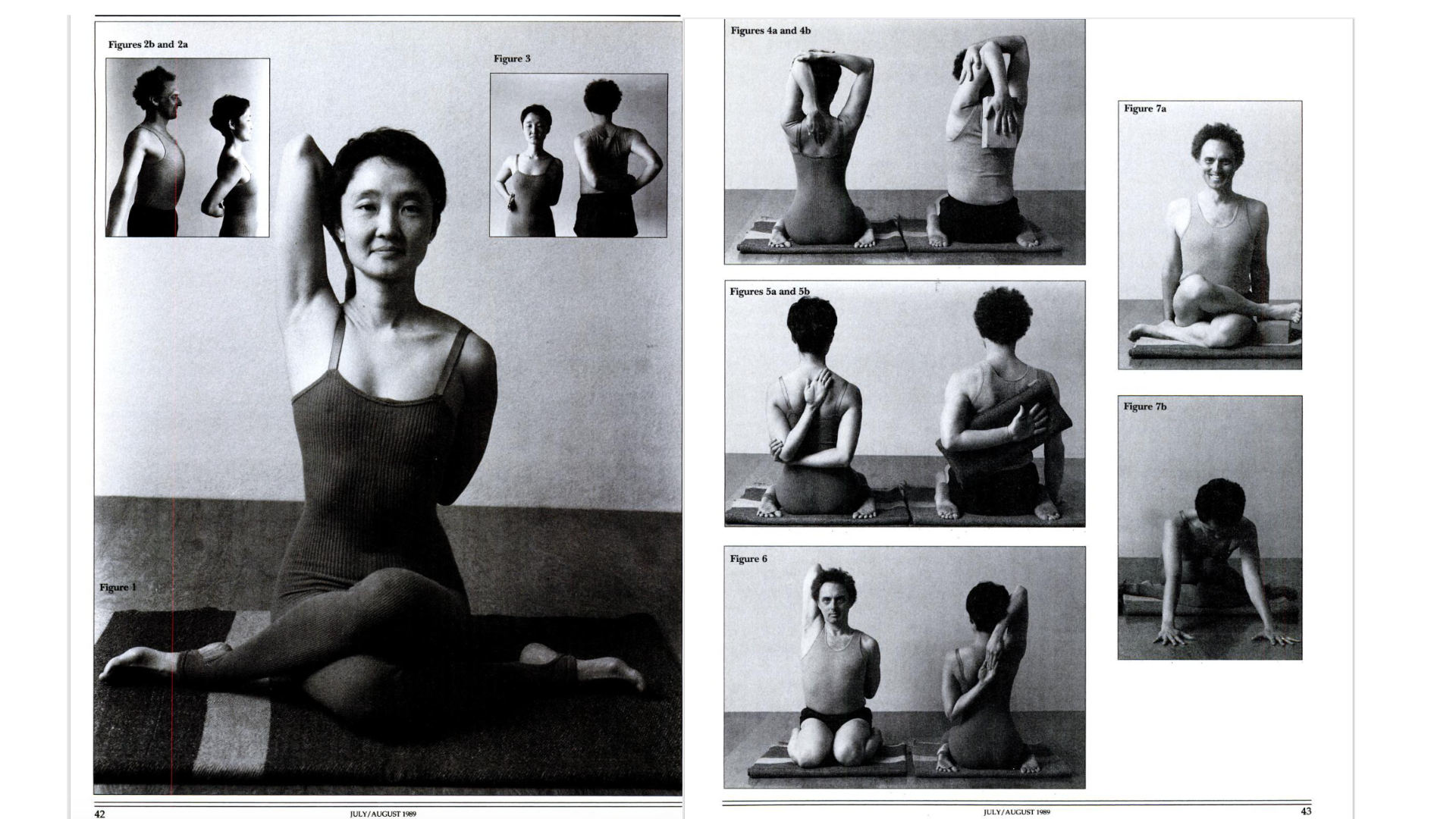 Black-and-white layout from a 1989 issue of Yoga Journal explaing how to practice Gomukhasana or Cow Face Pose