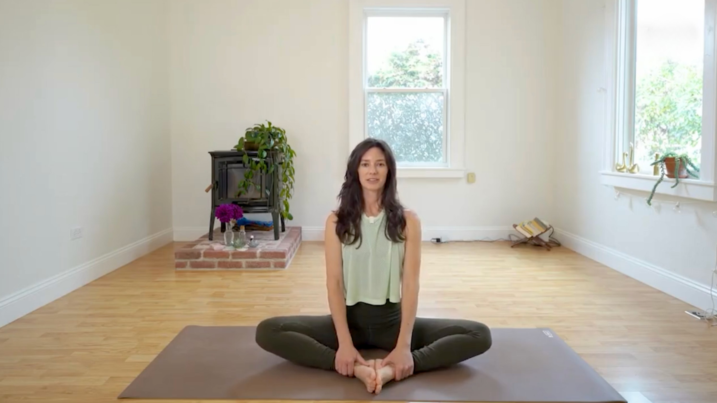 Yoga teacher Michelle Martone in Bound Angle Pose, one of a series of hip openers