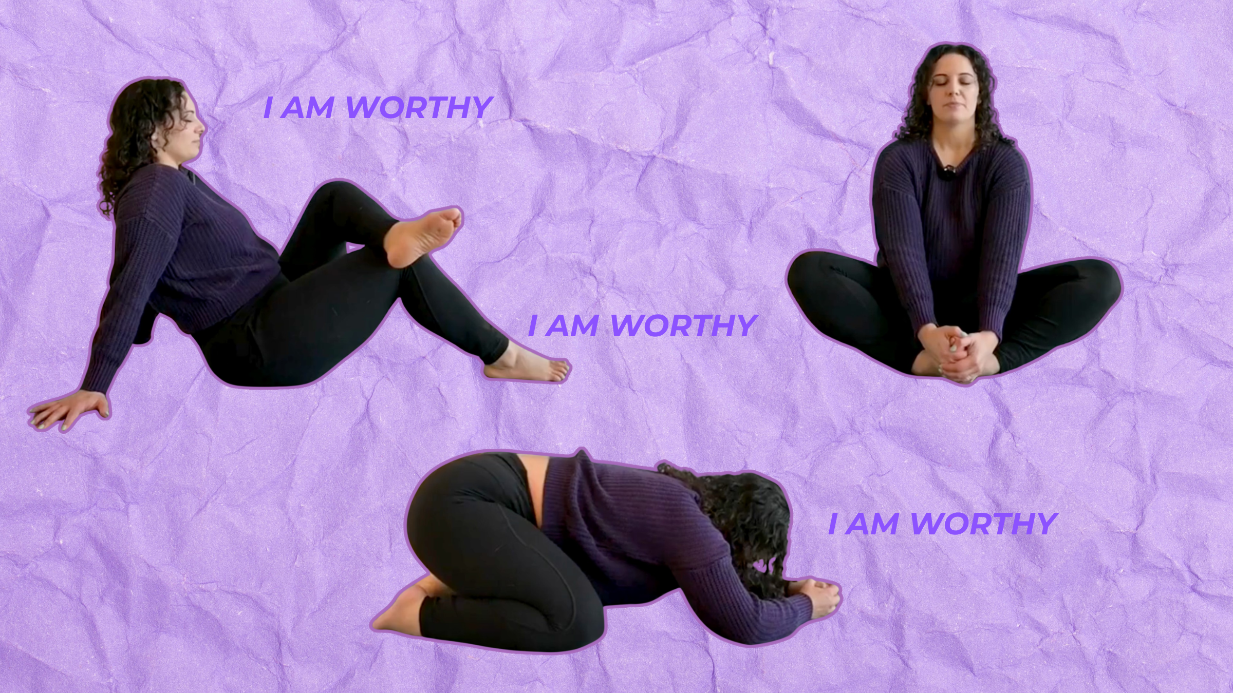 Yoga teacher Audriana Monteiro in a series of yoga poses accompanied by positive affirmations