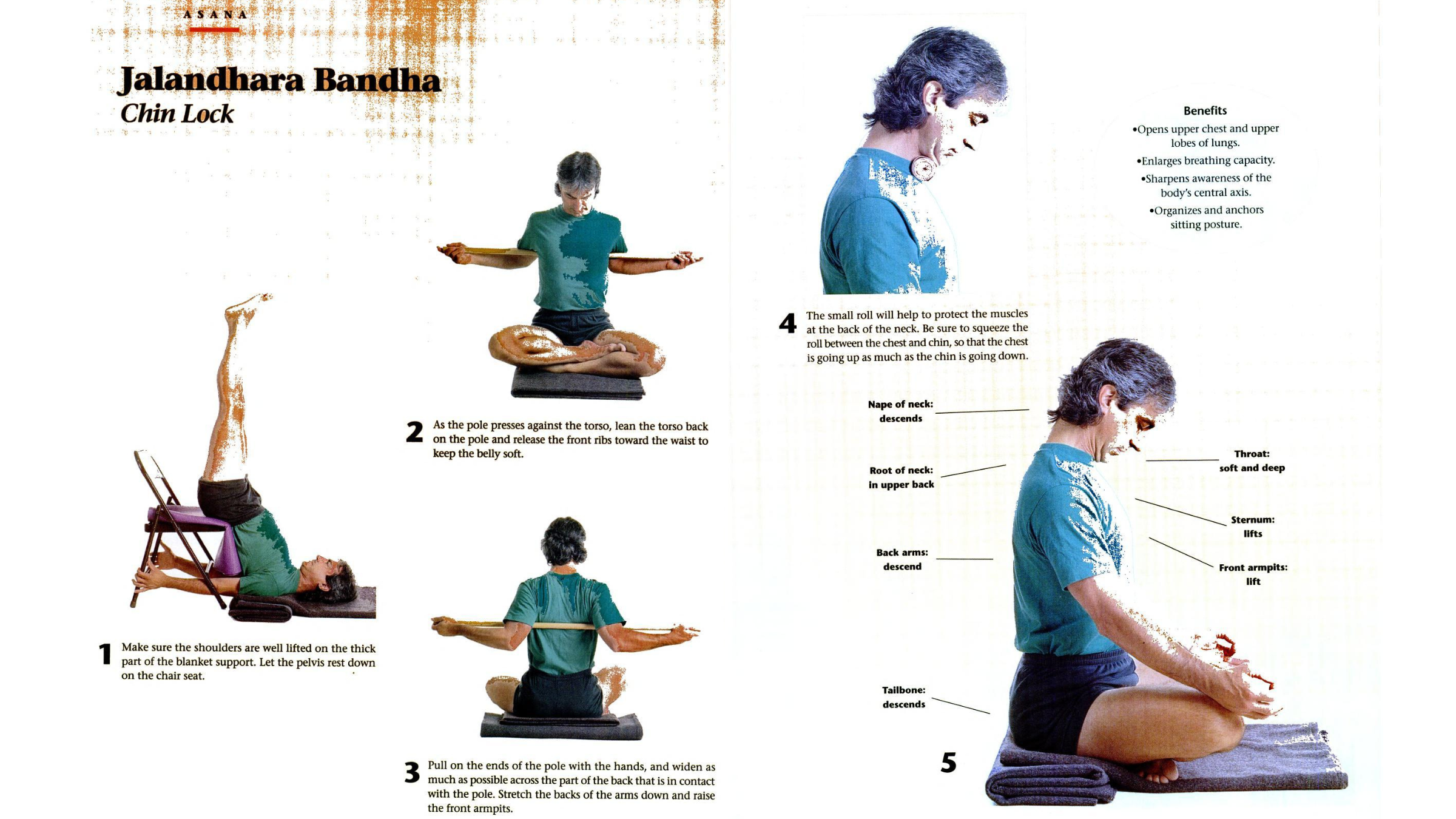 Diagrams featuring a man practicing various poses that feature yogi chin lock, or jalandhara bandha