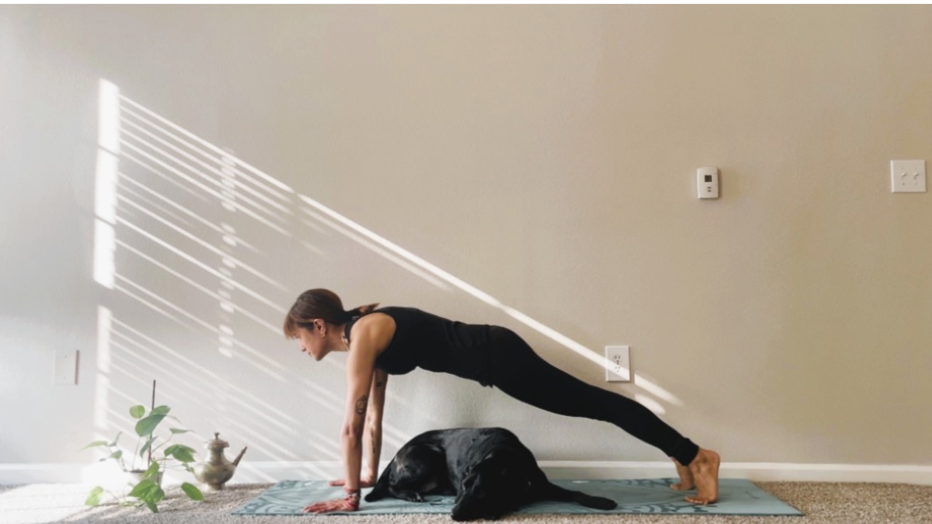 Woman in Plank Pose or the top of a high push-up on a mat with her dog lying beneath her