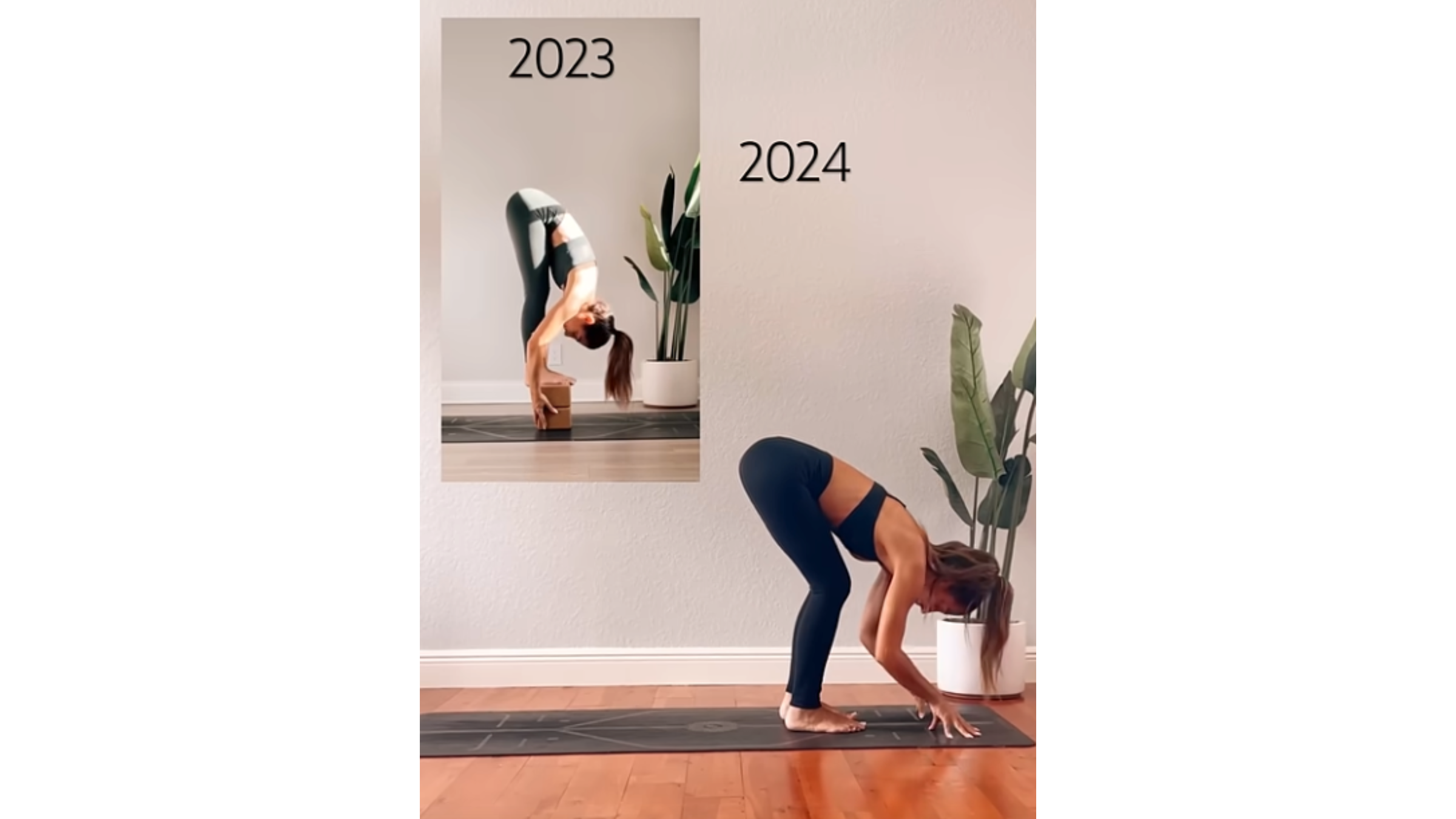 Image of yoga teacher practicing two versions of standing forward bend.