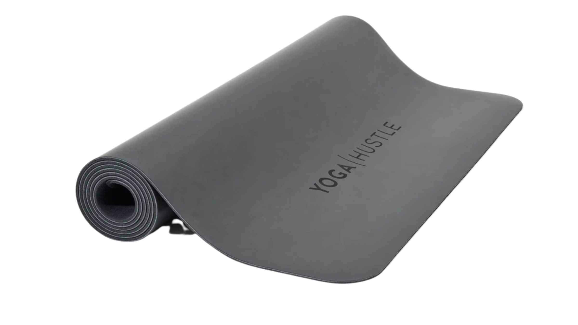 Dark gray rolled up Yoga Hustle hot yoga mat on white background