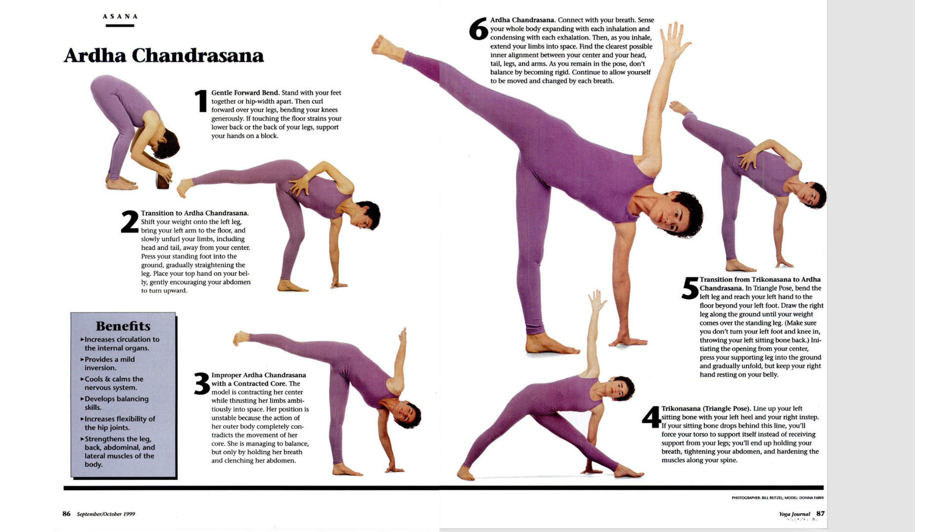 Two pages from a 1999 issue of Yoga Journal magazine with images of a model in Half Moon Pose (Ardha Chandrasana)