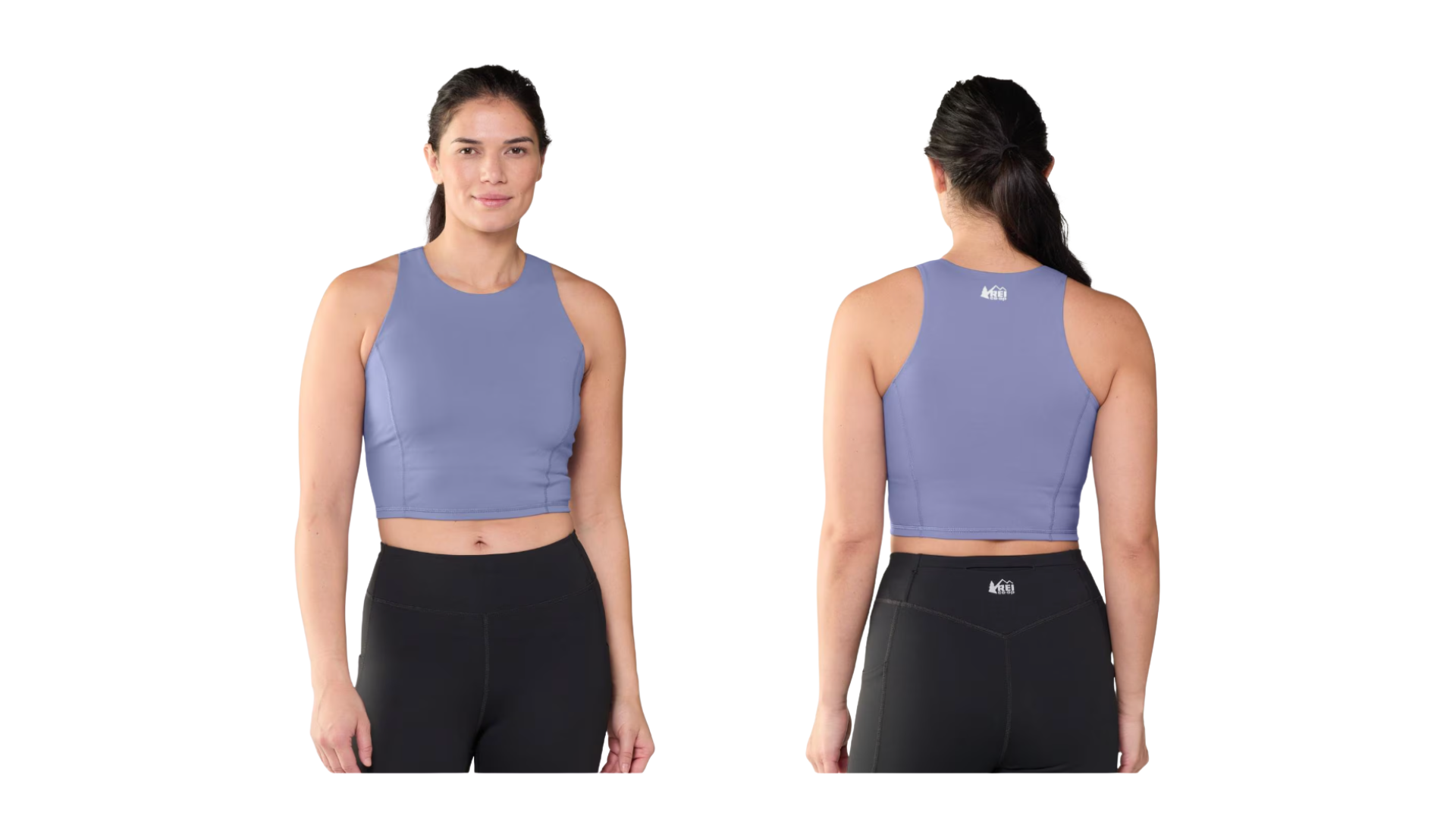 Woman wearing a lavender sports yoga bra from REI