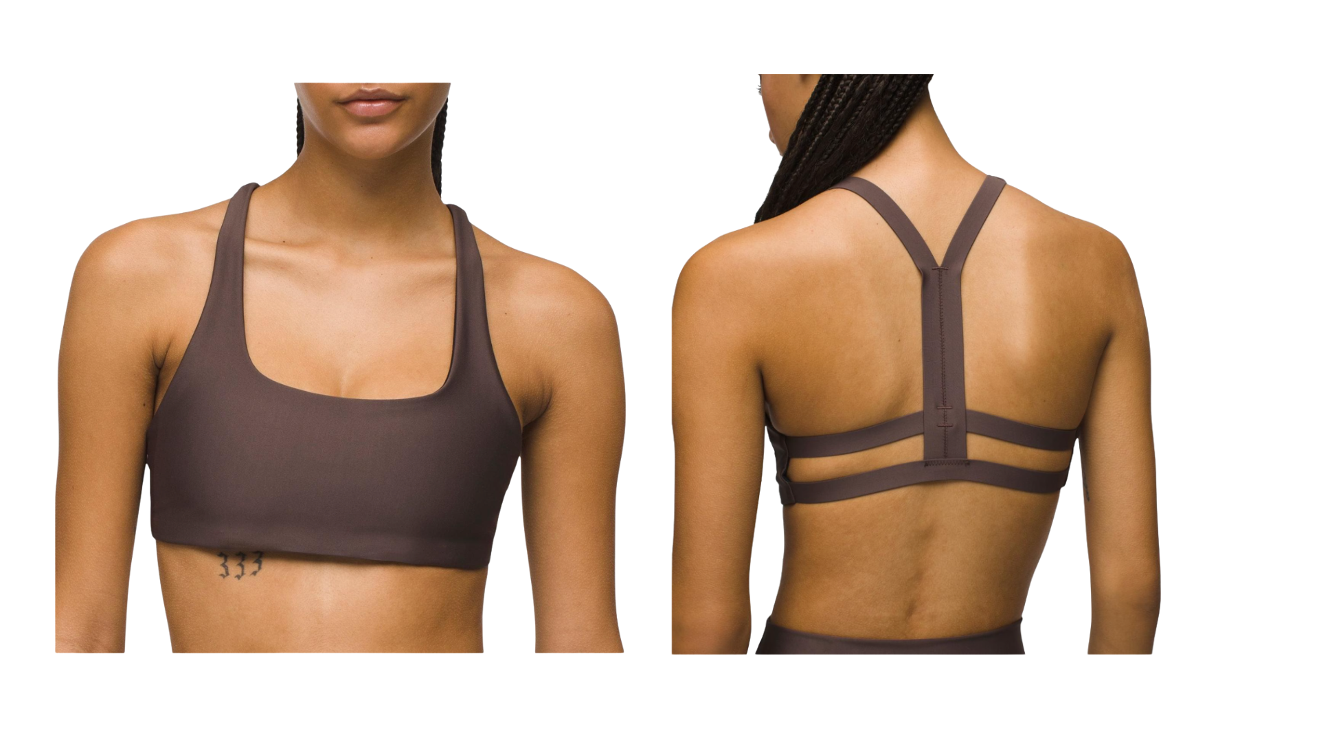 Woman wearing a t-back yoga bra in Light Espresso hue from prAna