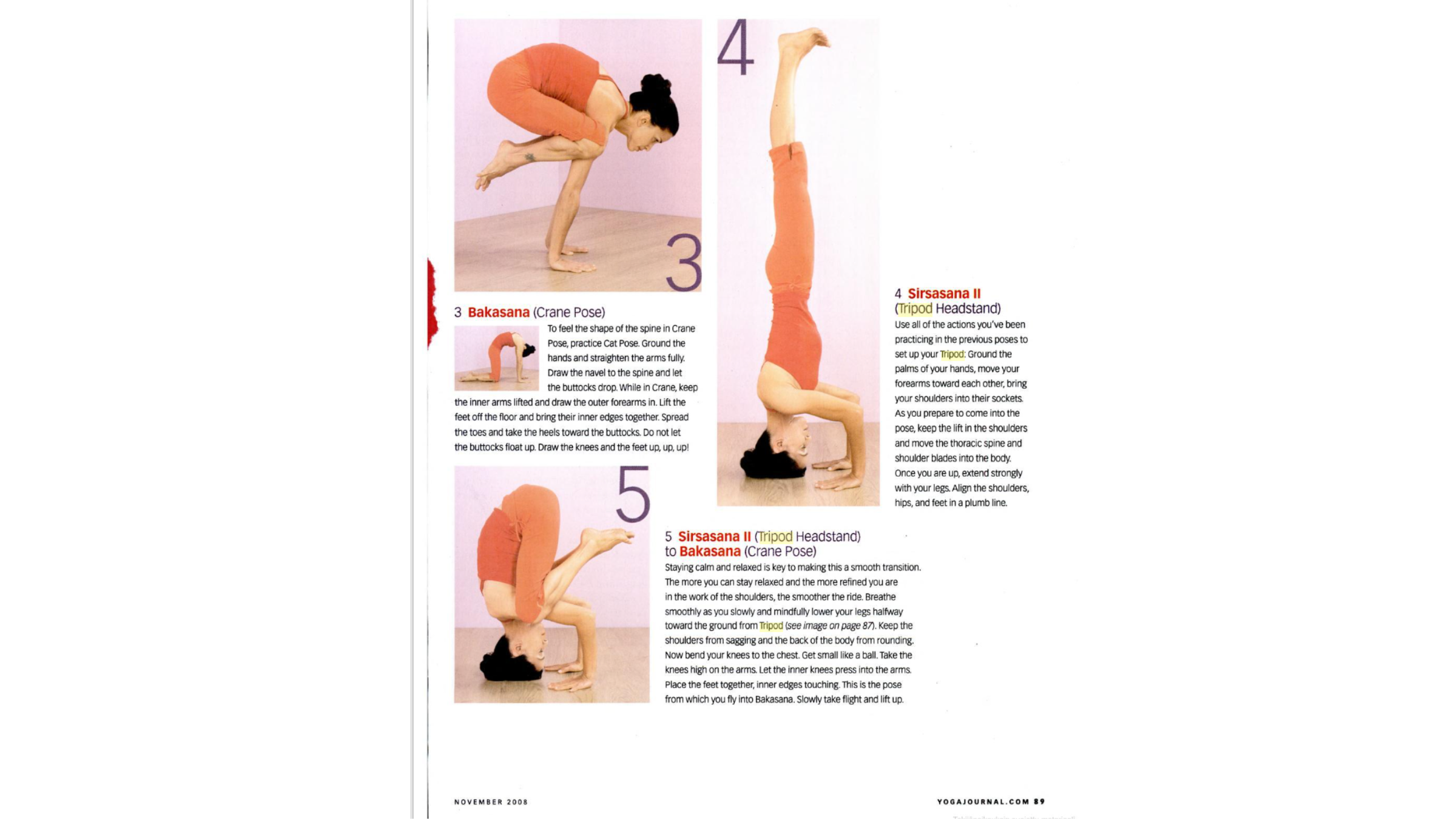Woman practicing the transition from Crane Pose to Tripod Headstand.