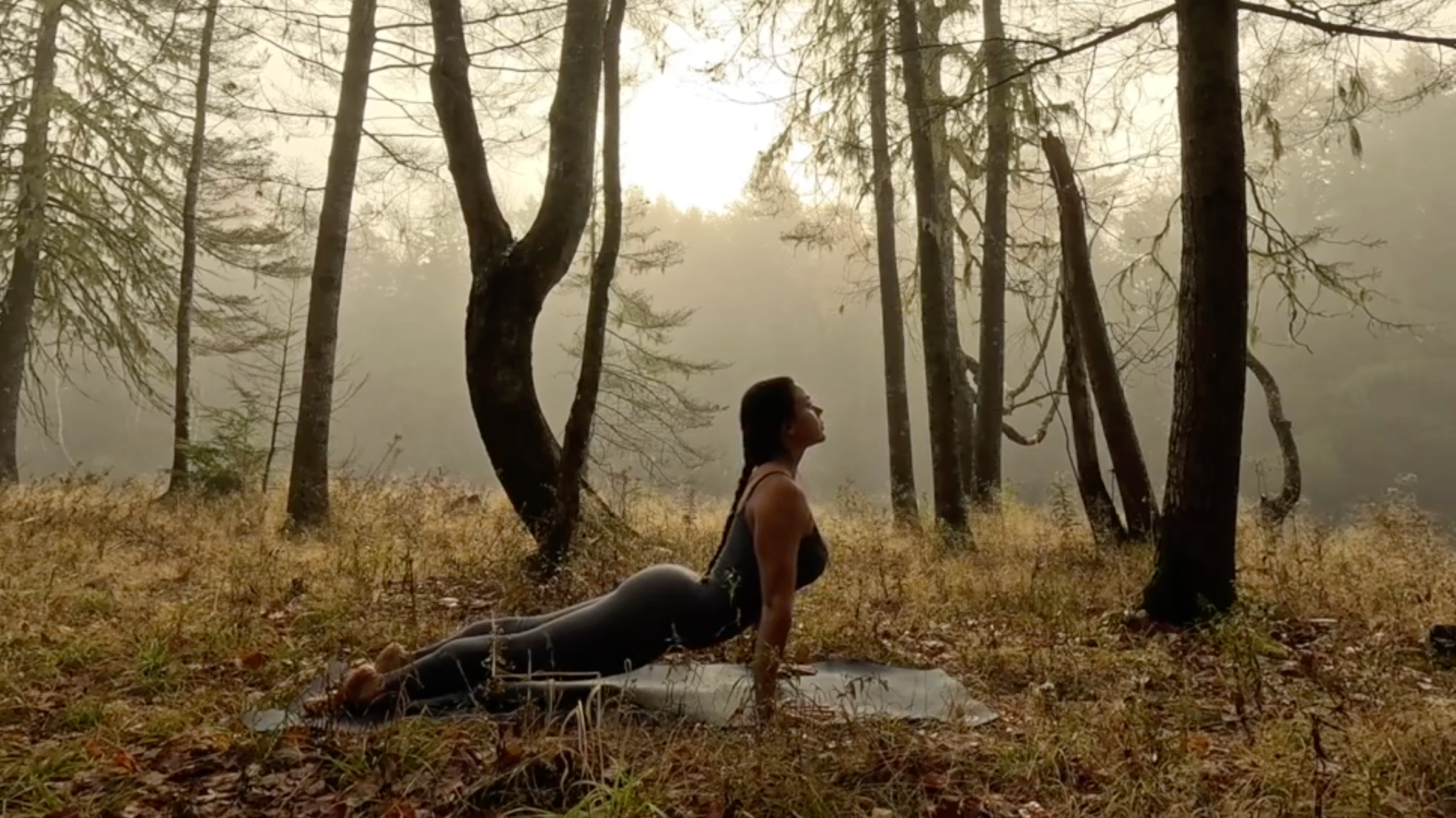 Teacher Emily Baltzer does upward-facing dog, part of her gentle morning yoga routine