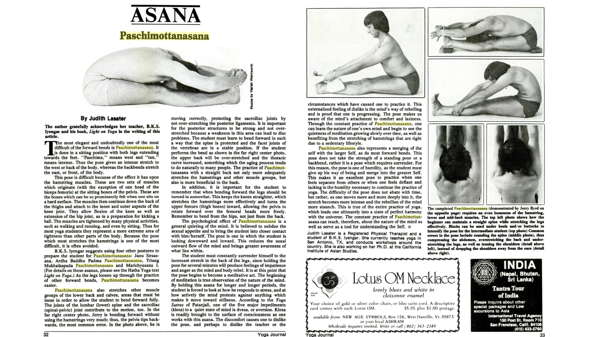 A black-and-white spread from a 1978 issue of Yoga Journal about Pasichomottanasana