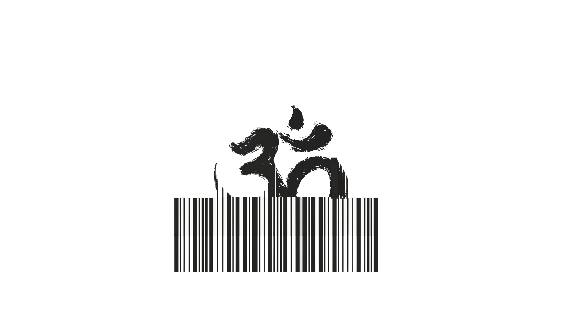 A black and white image of a sacred mother symbol overshadowed by barcodes