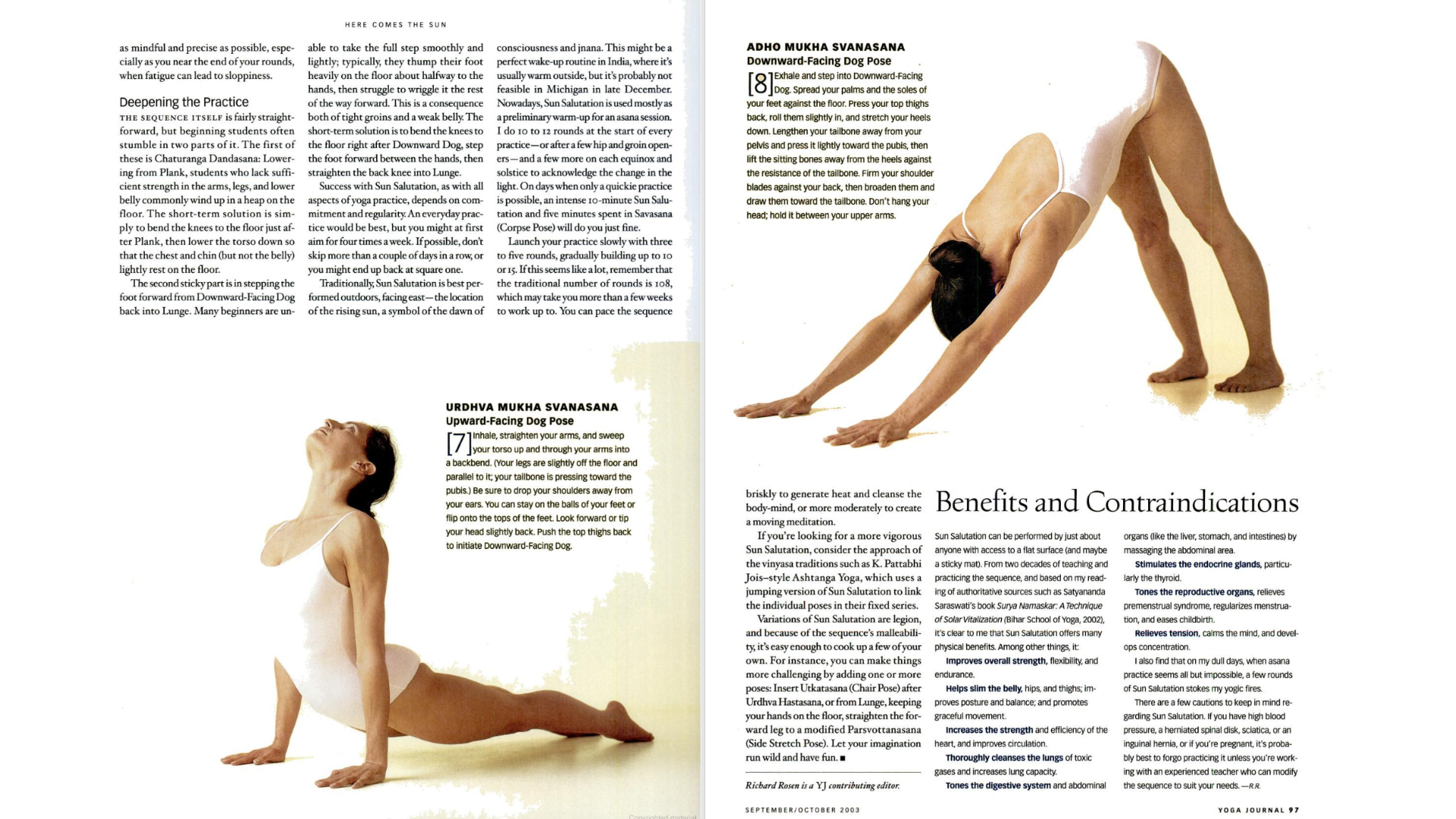 Pages of a print issue of Yoga Journal from 2003 featuring a woman practicing Up Dog and Down Dog