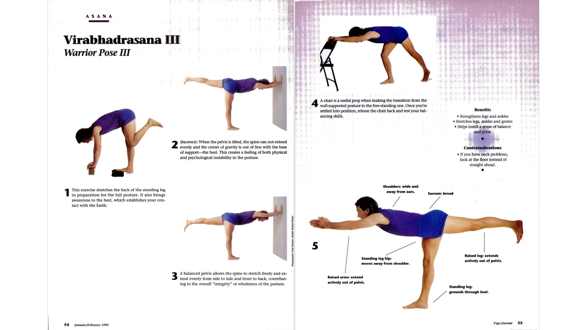 A two-page layout from an older issue of Yoga Journal explaining how to come into Virabhadrasana 3 (Warrior 3).
