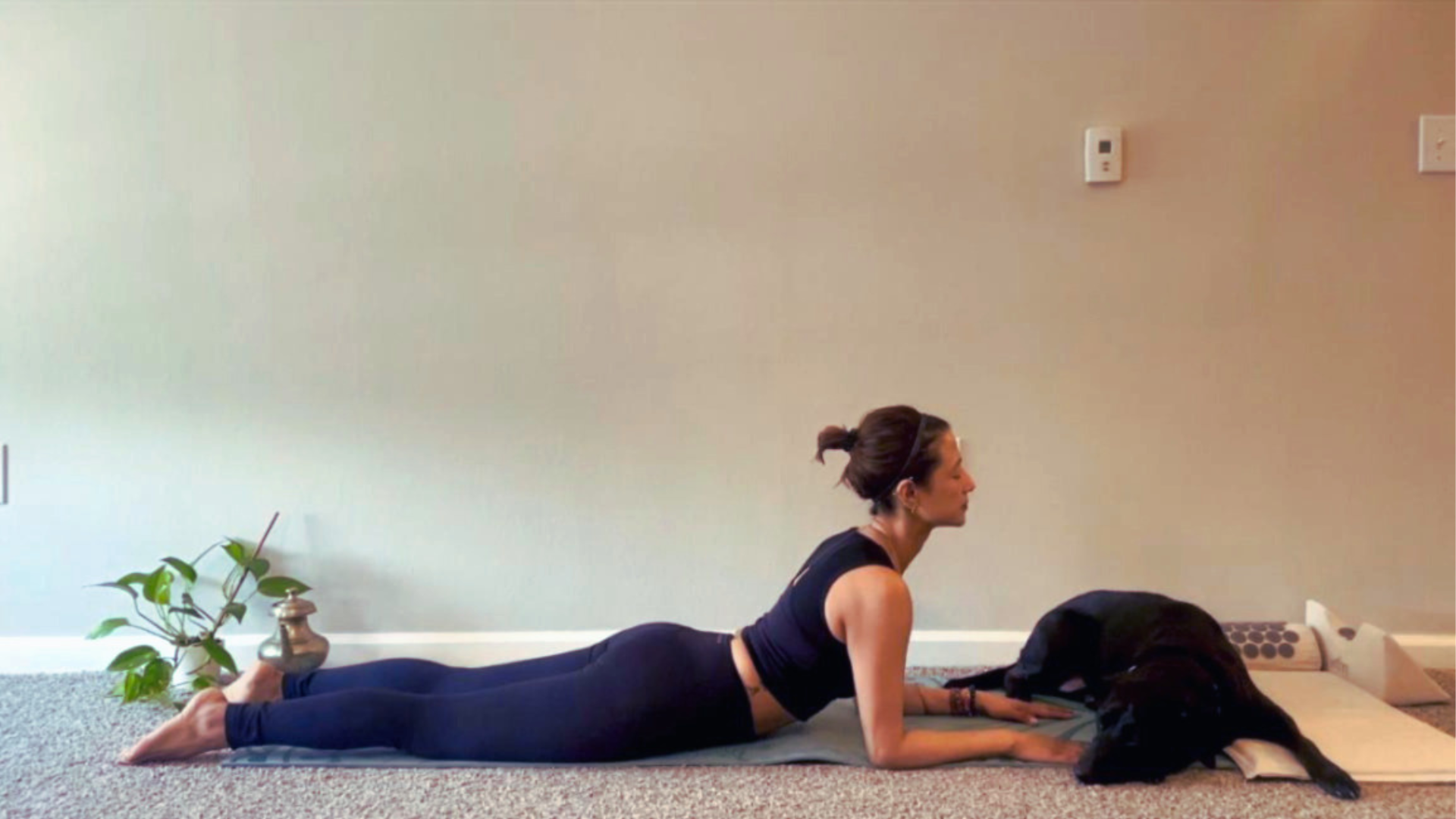 Woman lying on her belly with her chest lifted in Sphinx Pose